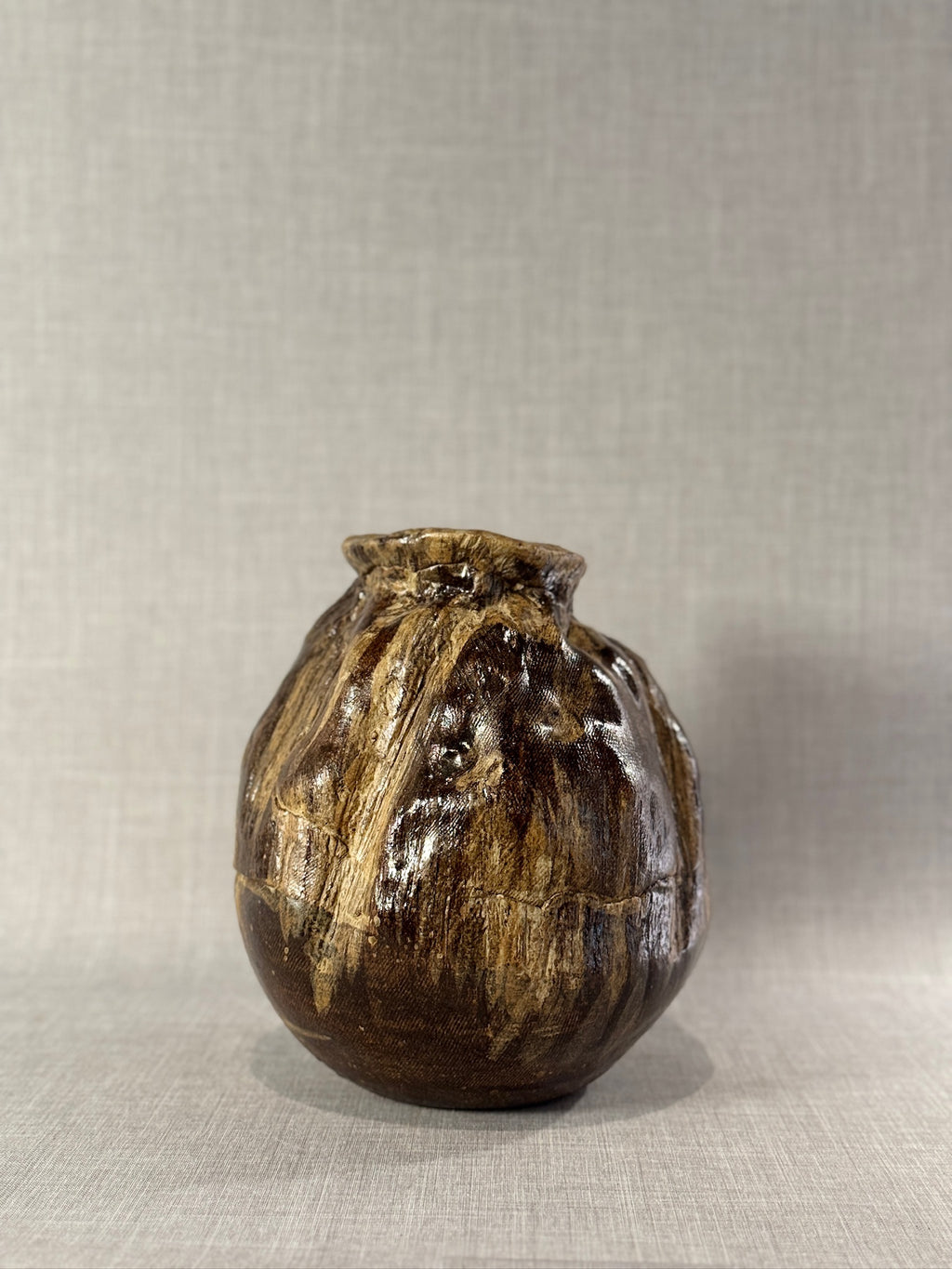 Monumental Handcrafted Studio Pottery Vessel with Earthy Abstract Glaze and Textured Carved Surface