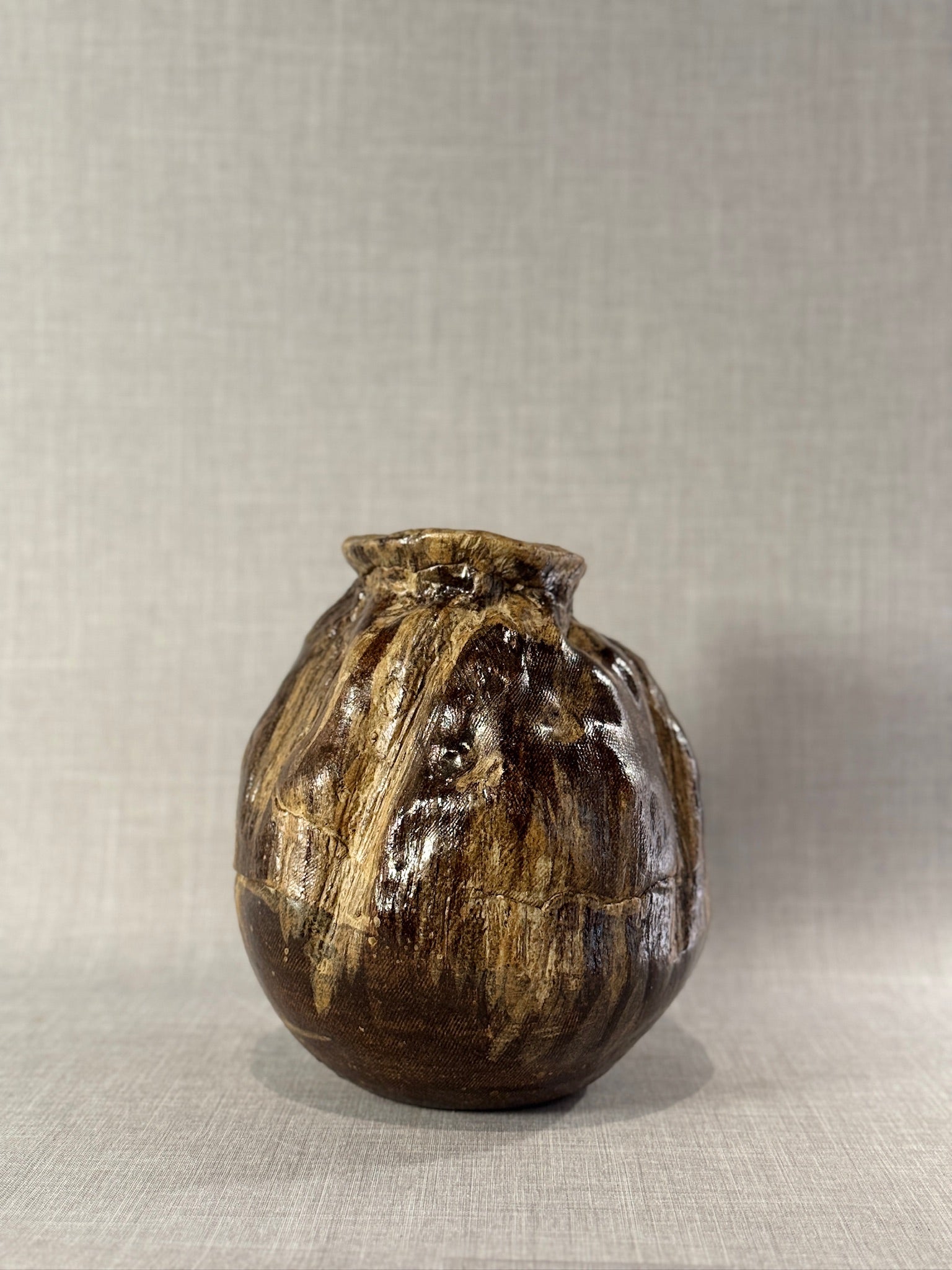 Monumental Handcrafted Studio Pottery Vessel with Earthy Abstract Glaze and Textured Carved Surface
