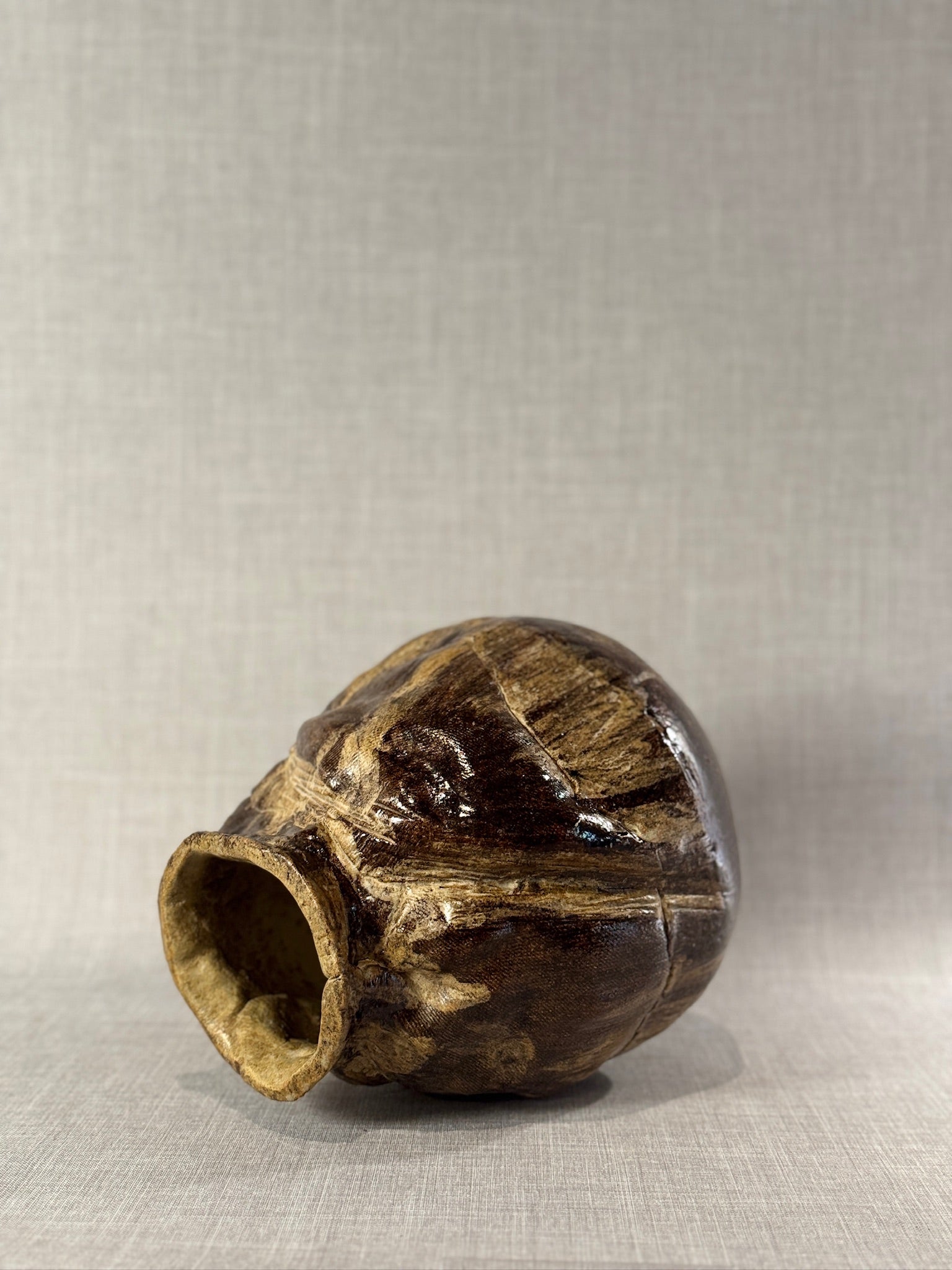 Monumental Handcrafted Studio Pottery Vessel with Earthy Abstract Glaze and Textured Carved Surface