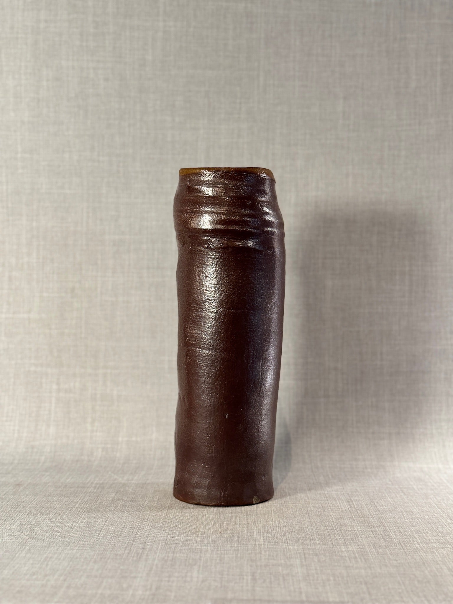 Handcrafted Mid-Century Studio Pottery Cylindrical Vase in Deep Espresso Brown Glaze