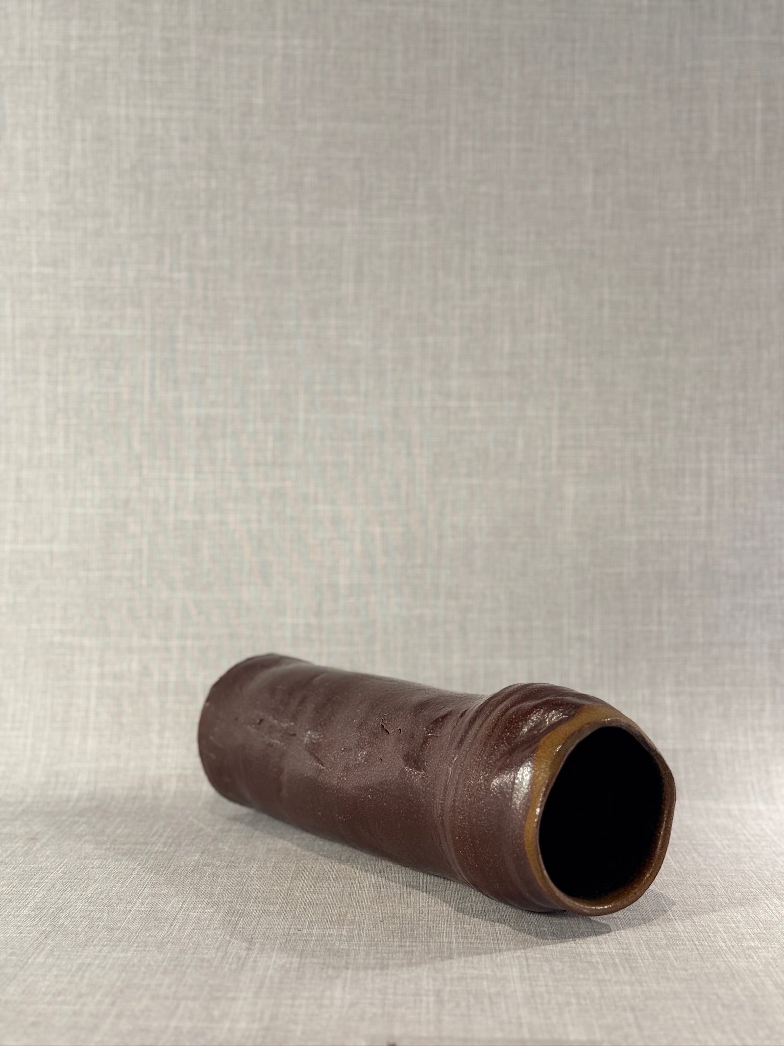Handcrafted Mid-Century Studio Pottery Cylindrical Vase in Deep Espresso Brown Glaze