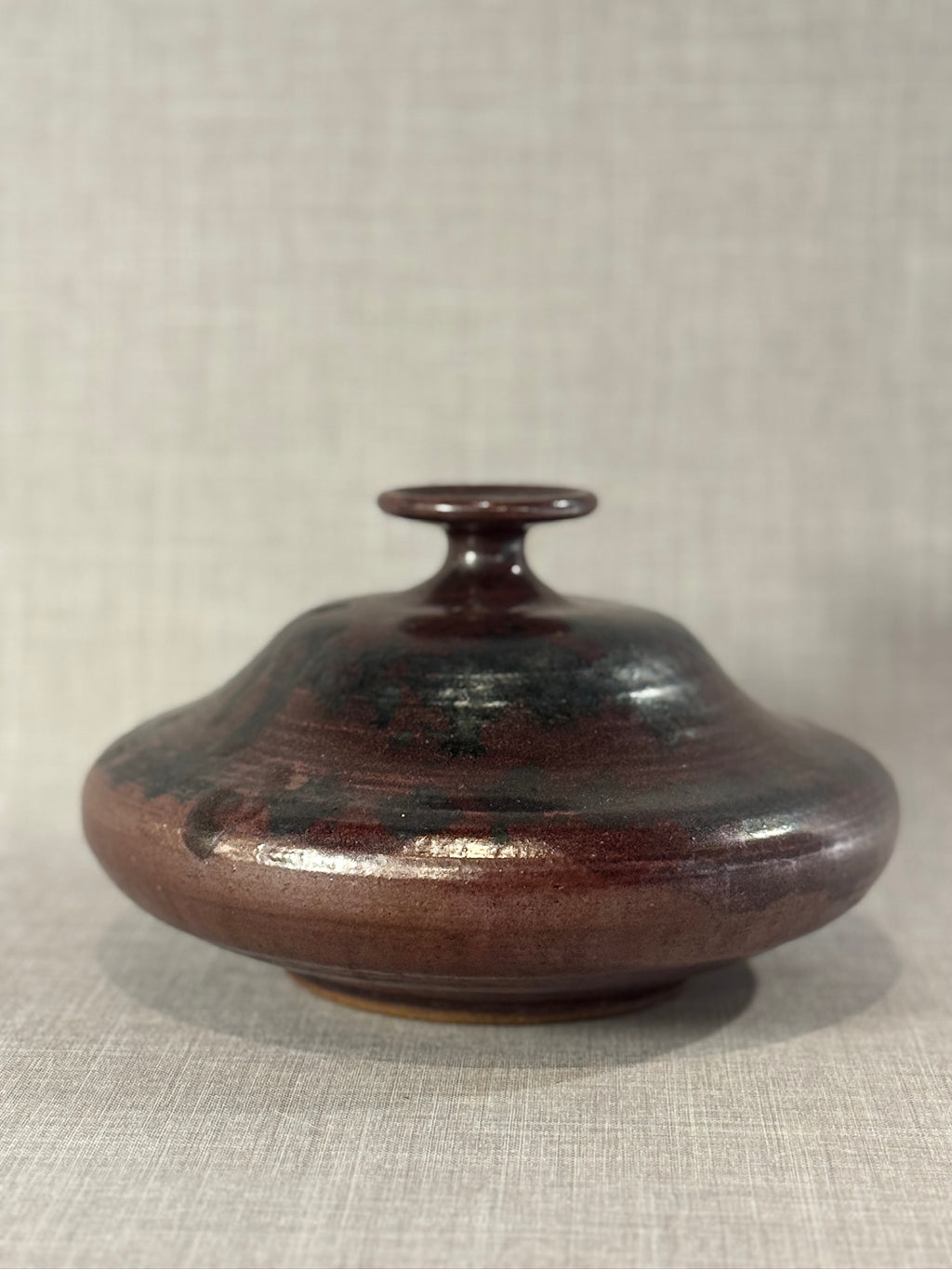 Signed Studio Pottery Flattened Bottle Vase with Oxblood and Black Reduction Glaze – Sculptural Mid-Century Form