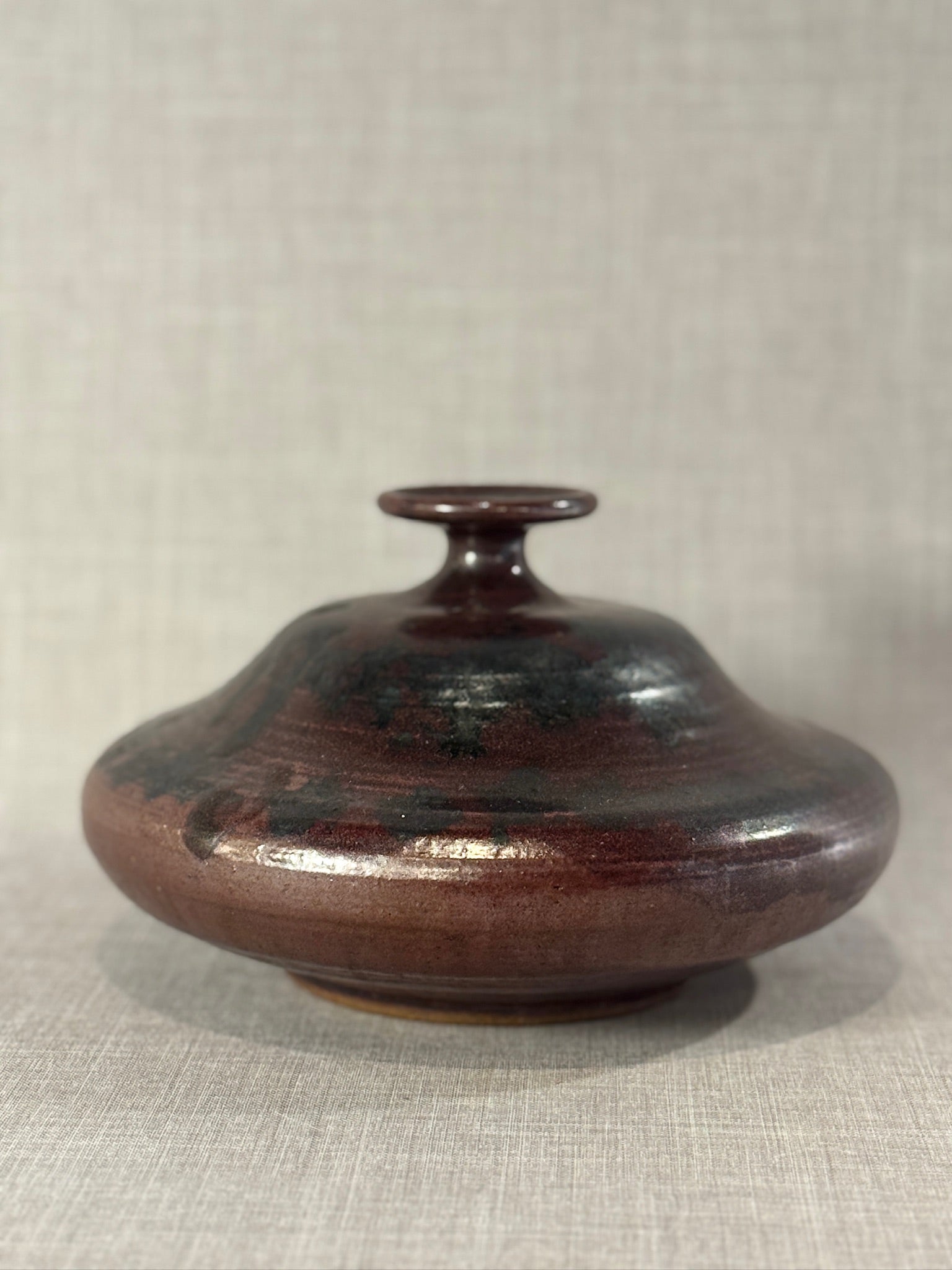 Signed Studio Pottery Flattened Bottle Vase with Oxblood and Black Reduction Glaze – Sculptural Mid-Century Form
