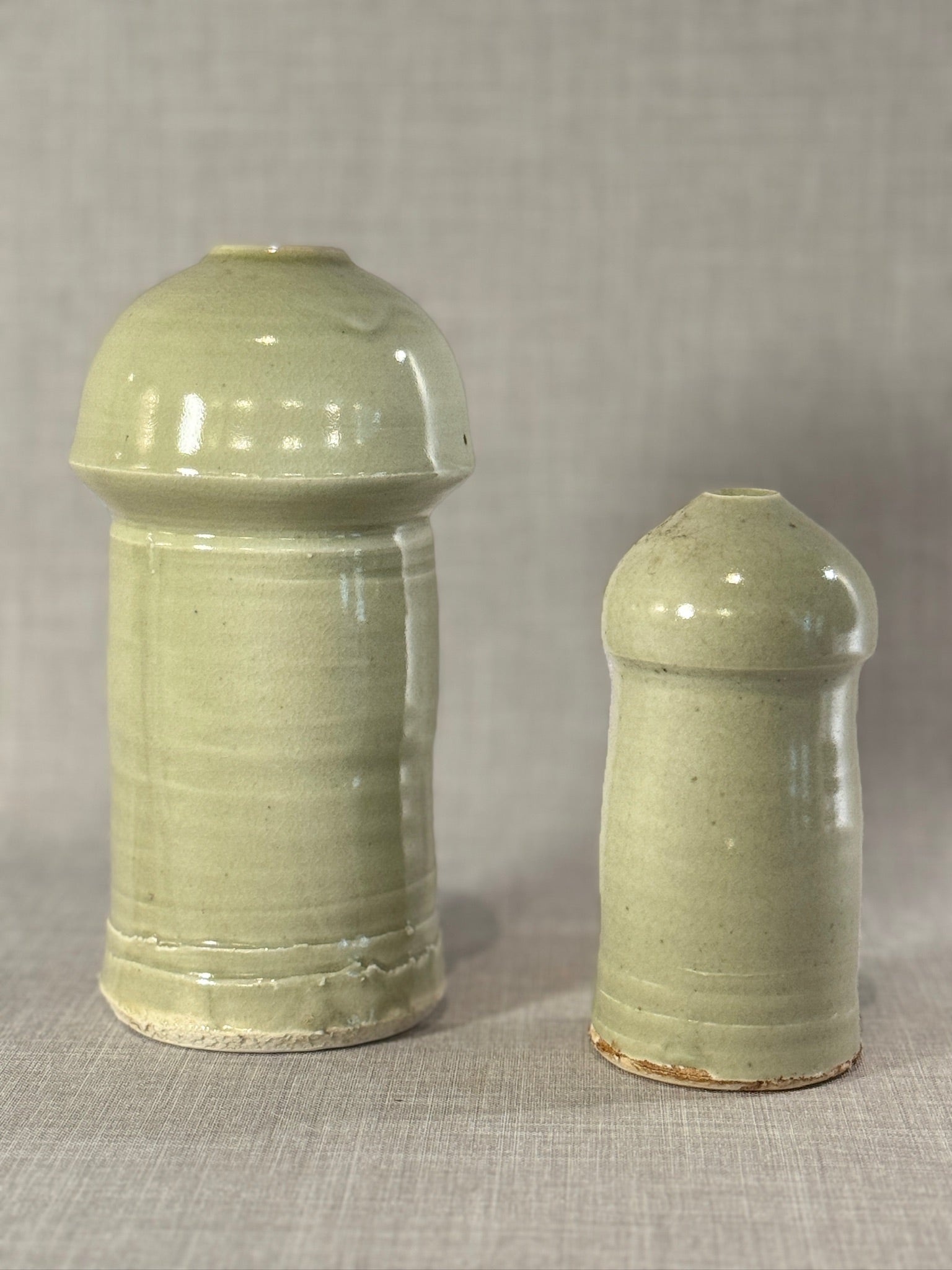 Pair of Studio Pottery Celadon Glazed Vases – Hand-Thrown Modernist Forms