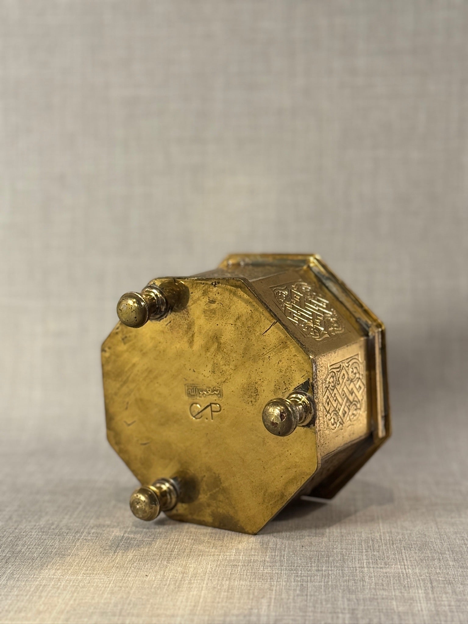 Early Middle-Eastern 20th Century Brass Octagonal Casket Box with Endless Knot Engravings and Finial Lid, Marked “C.P.”