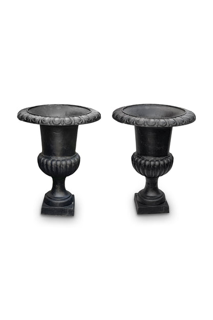 Pair of 29" French Cast Iron Urn Black Planters