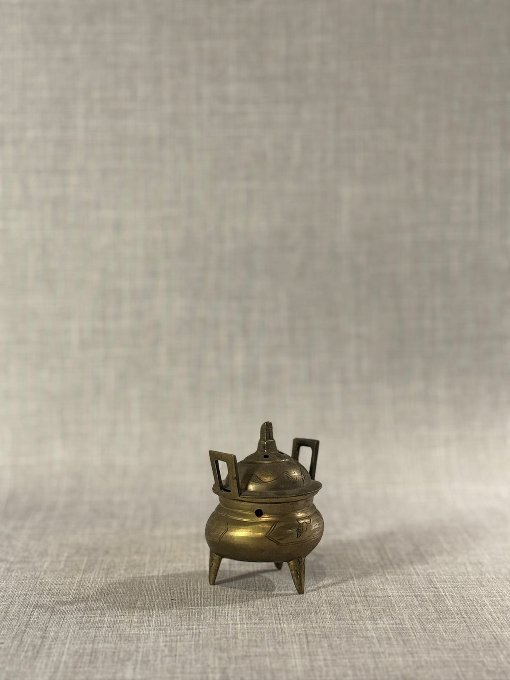 Vintage Handcrafted Brass Tripod Incense Burner with Lid and Etched Geometric Motifs