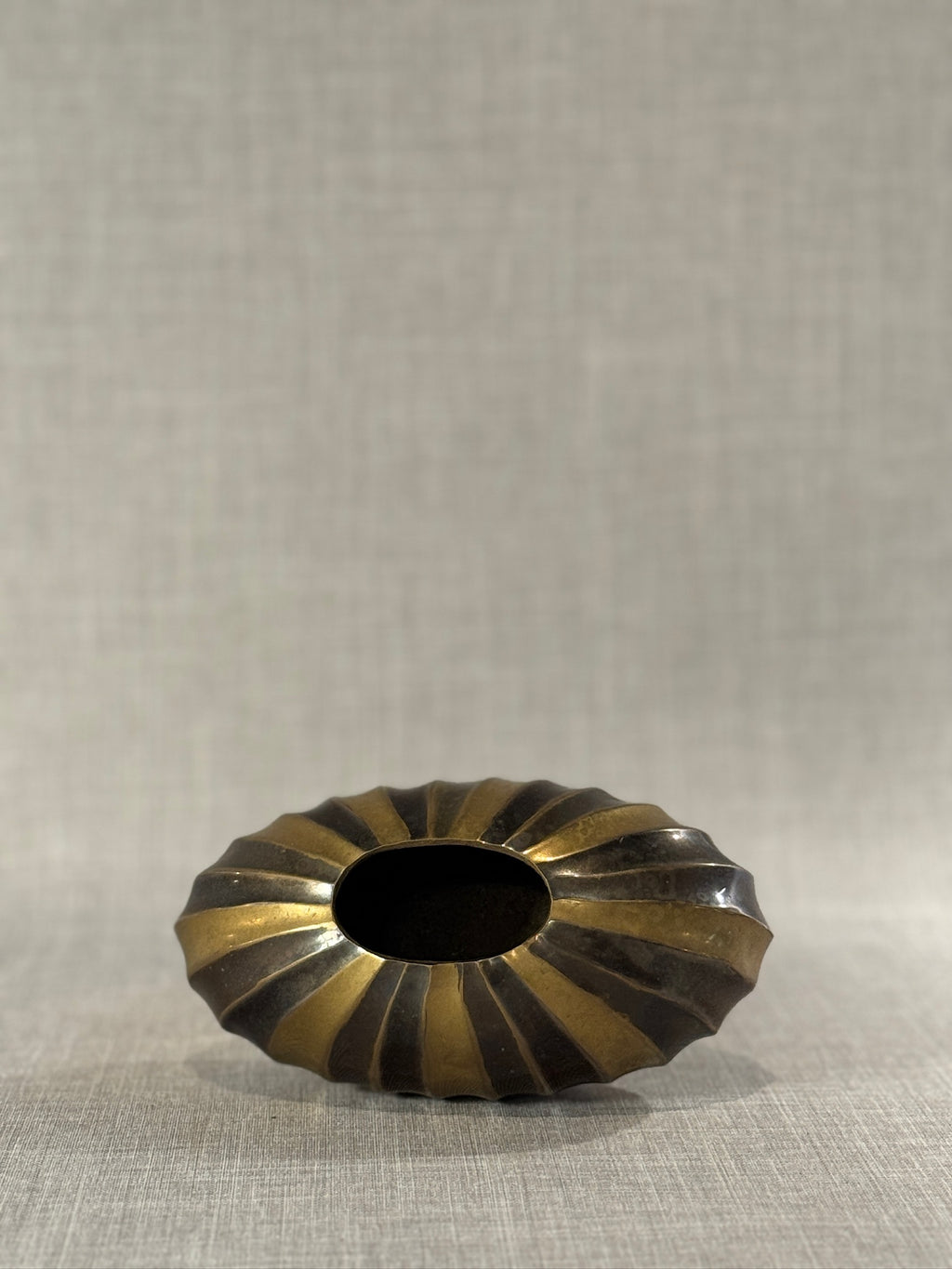 Sculptural Mid-Century Brass and Bronze Ribbed Oval Vase — Handcrafted Modernist Decorative Vessel