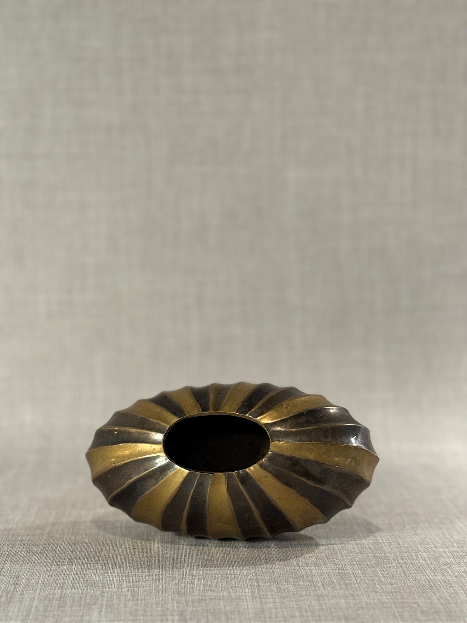 Sculptural Mid-Century Brass and Bronze Ribbed Oval Vase — Handcrafted Modernist Decorative Vessel