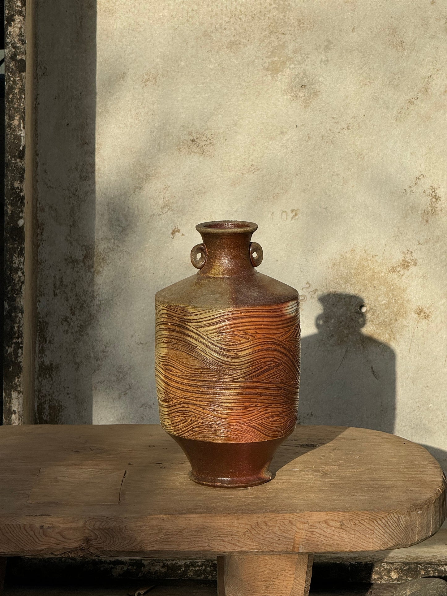 Vintage Brown Wooden Grain Etched Salt Glazed Stoneware Jug with Handles Signed