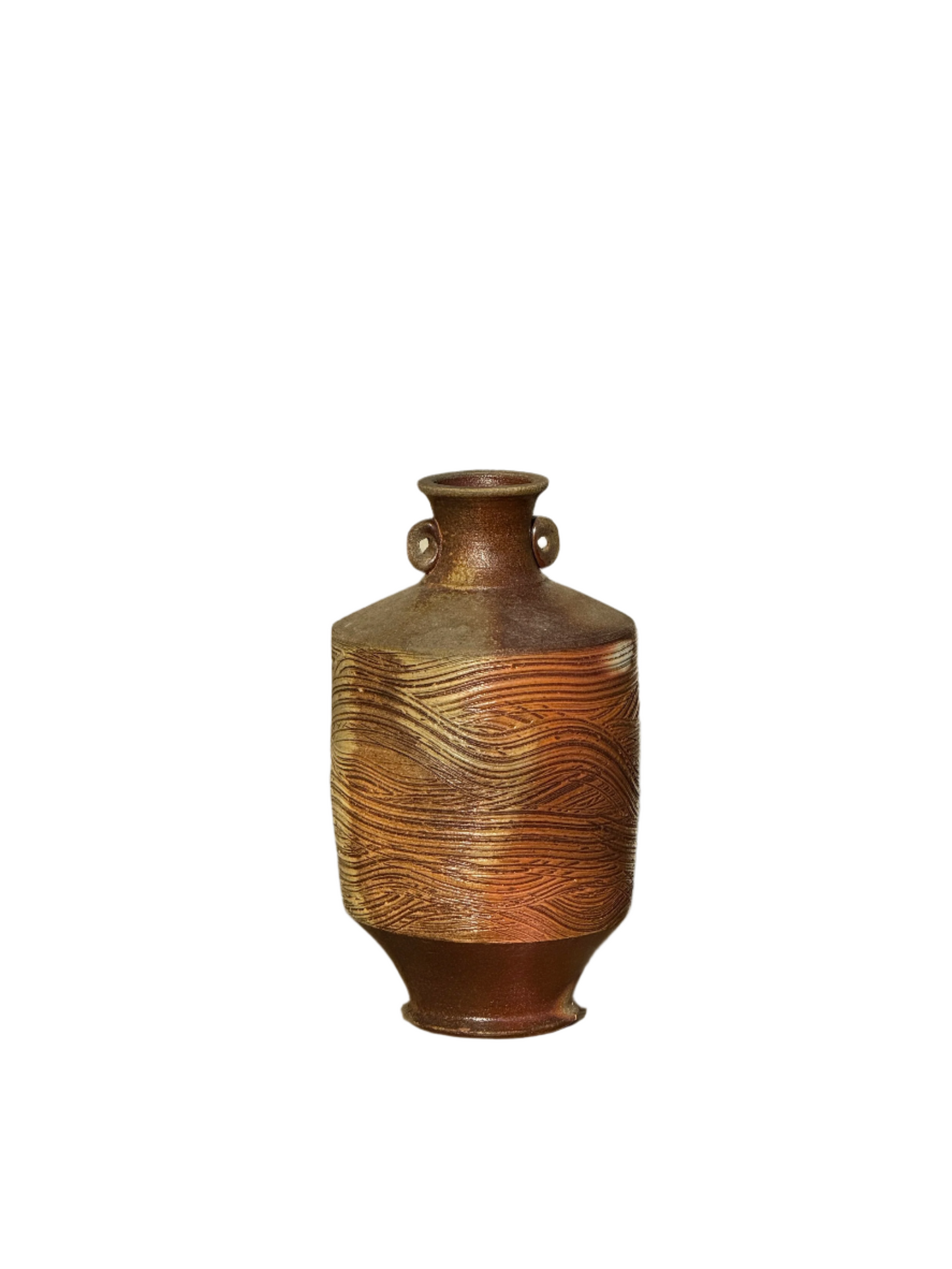 Vintage Brown Wooden Grain Etched Salt Glazed Stoneware Jug with Handles Signed