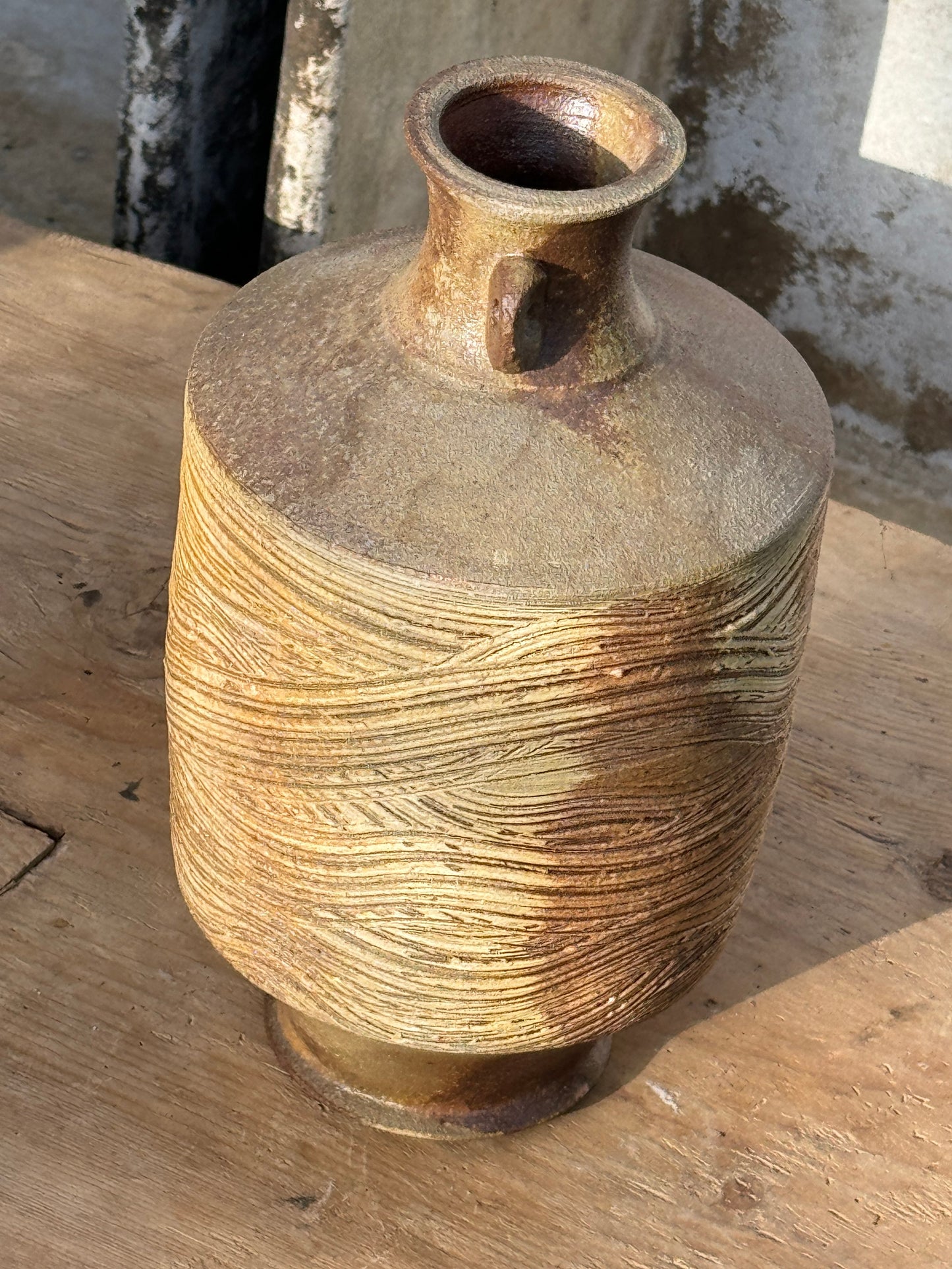 Vintage Brown Wooden Grain Etched Salt Glazed Stoneware Jug with Handles Signed