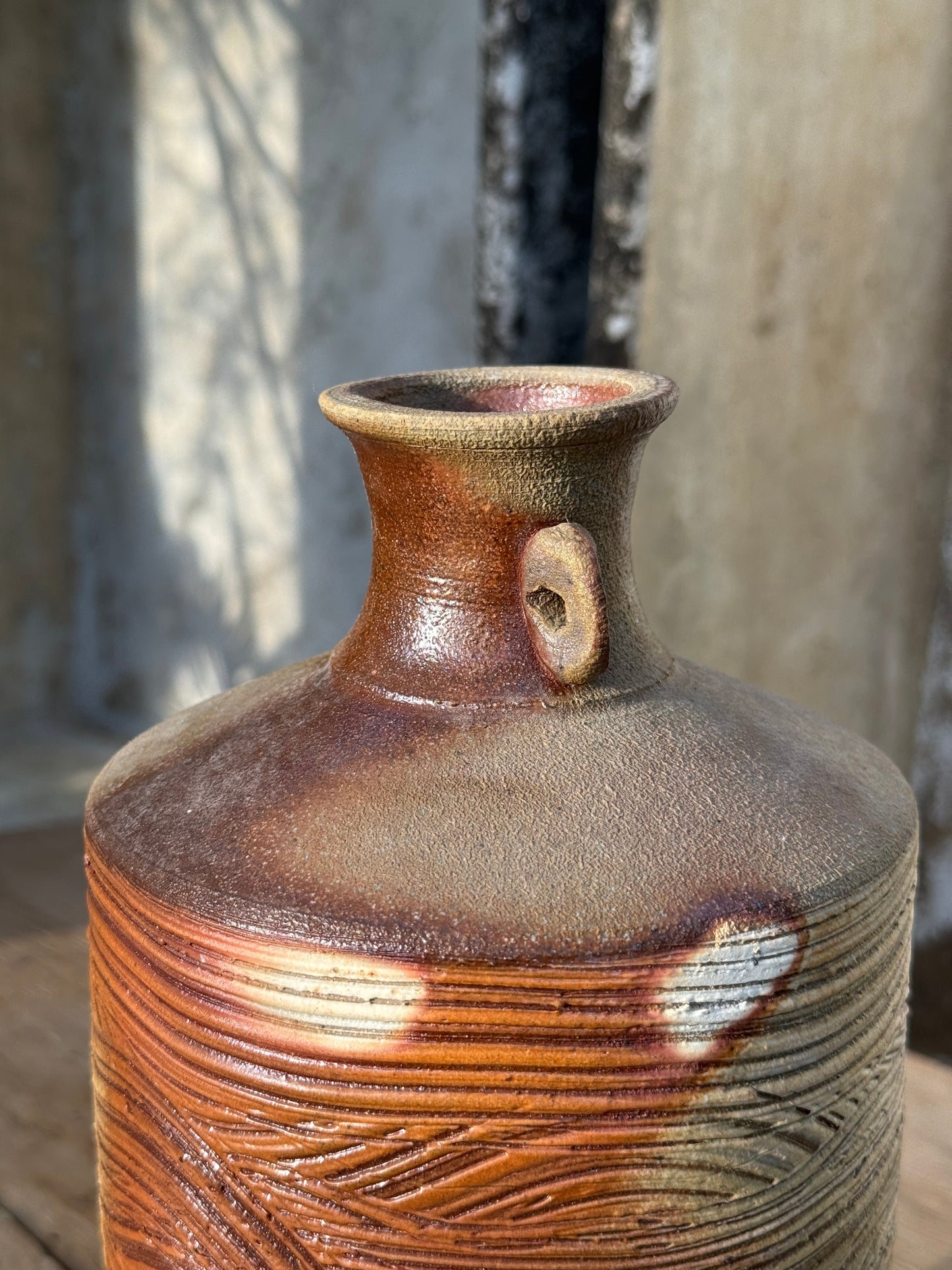 Vintage Brown Wooden Grain Etched Salt Glazed Stoneware Jug with Handles Signed