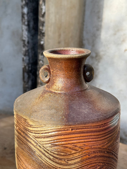 Vintage Brown Wooden Grain Etched Salt Glazed Stoneware Jug with Handles Signed