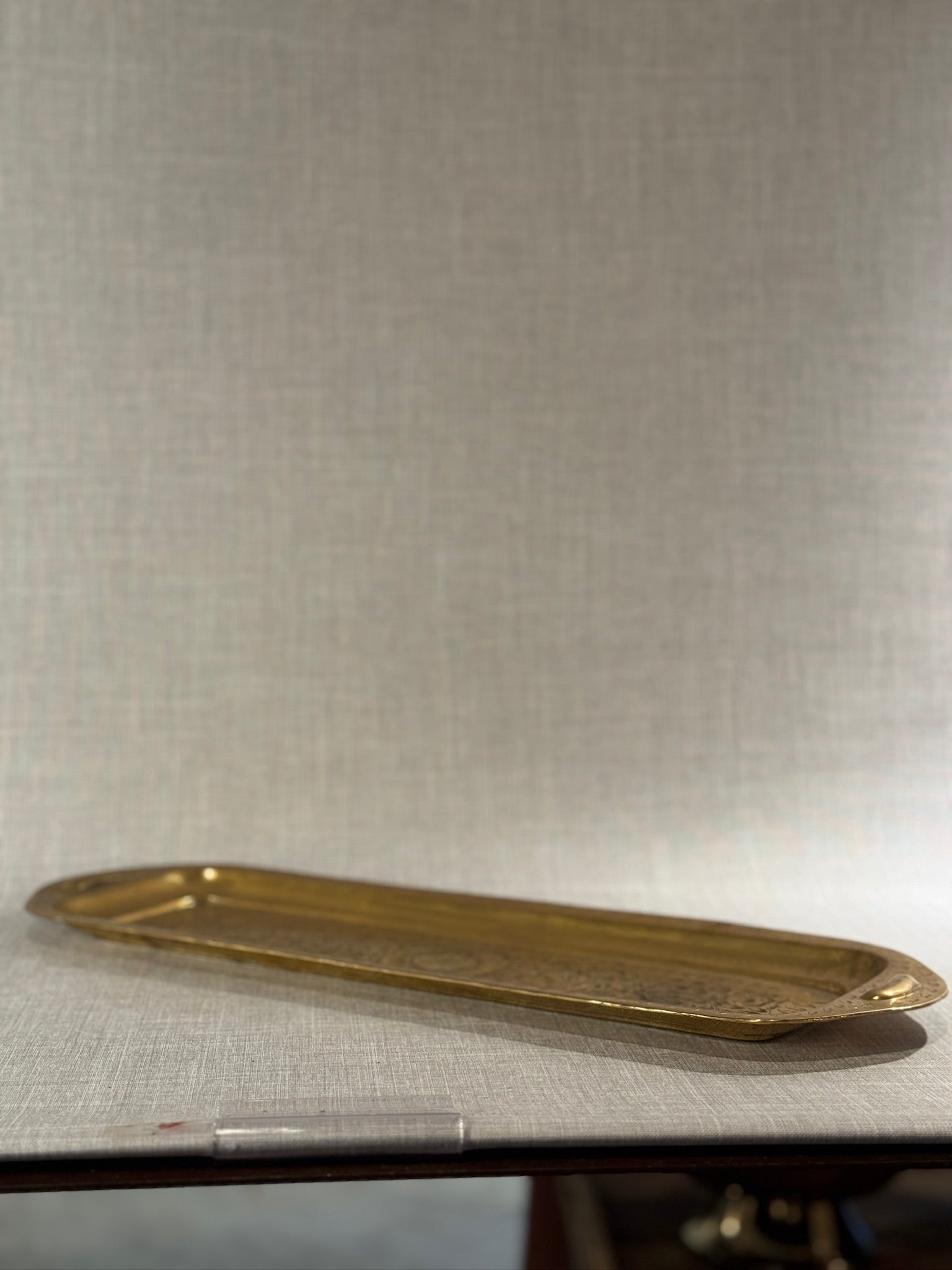 Vintage Hand-Hammered Brass Rectangular Floral Serving Tray with Side Handles