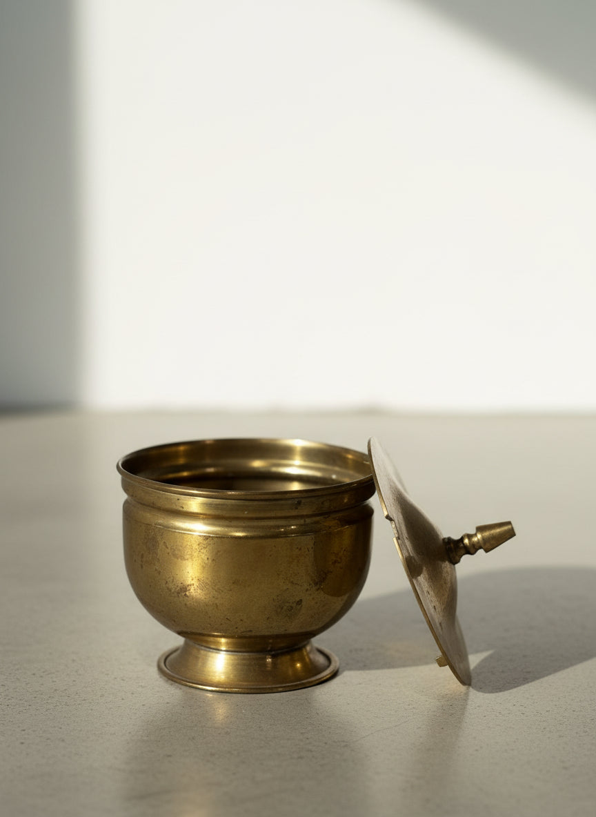 Antique Brass Footed Lidded Bowl with Finial Handle – Patinated Decorative Vessel