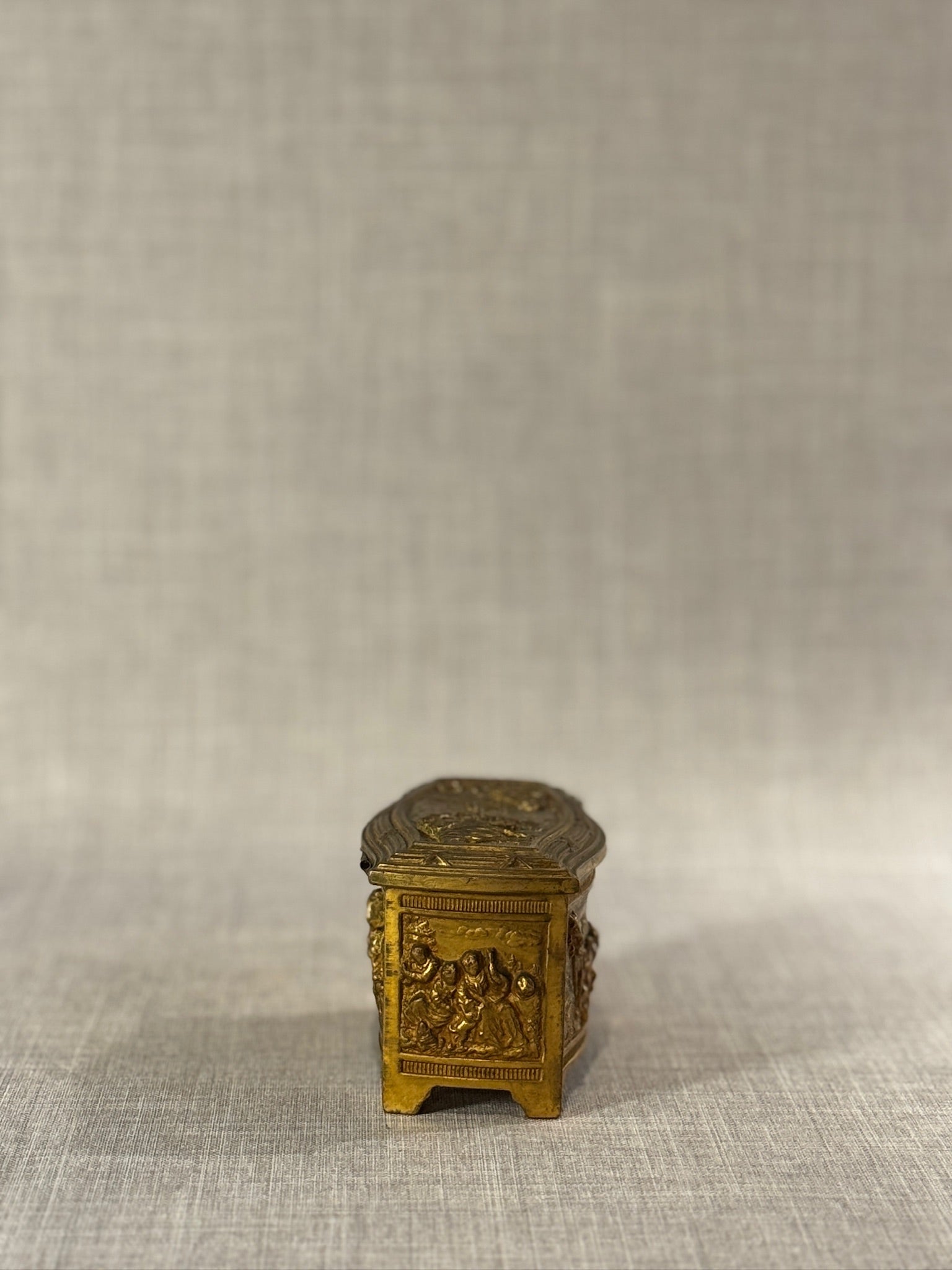 Antique-Style Gilt Metal Miniature Jewelry Casket with Figural Relief Panels & Velvet Interior
