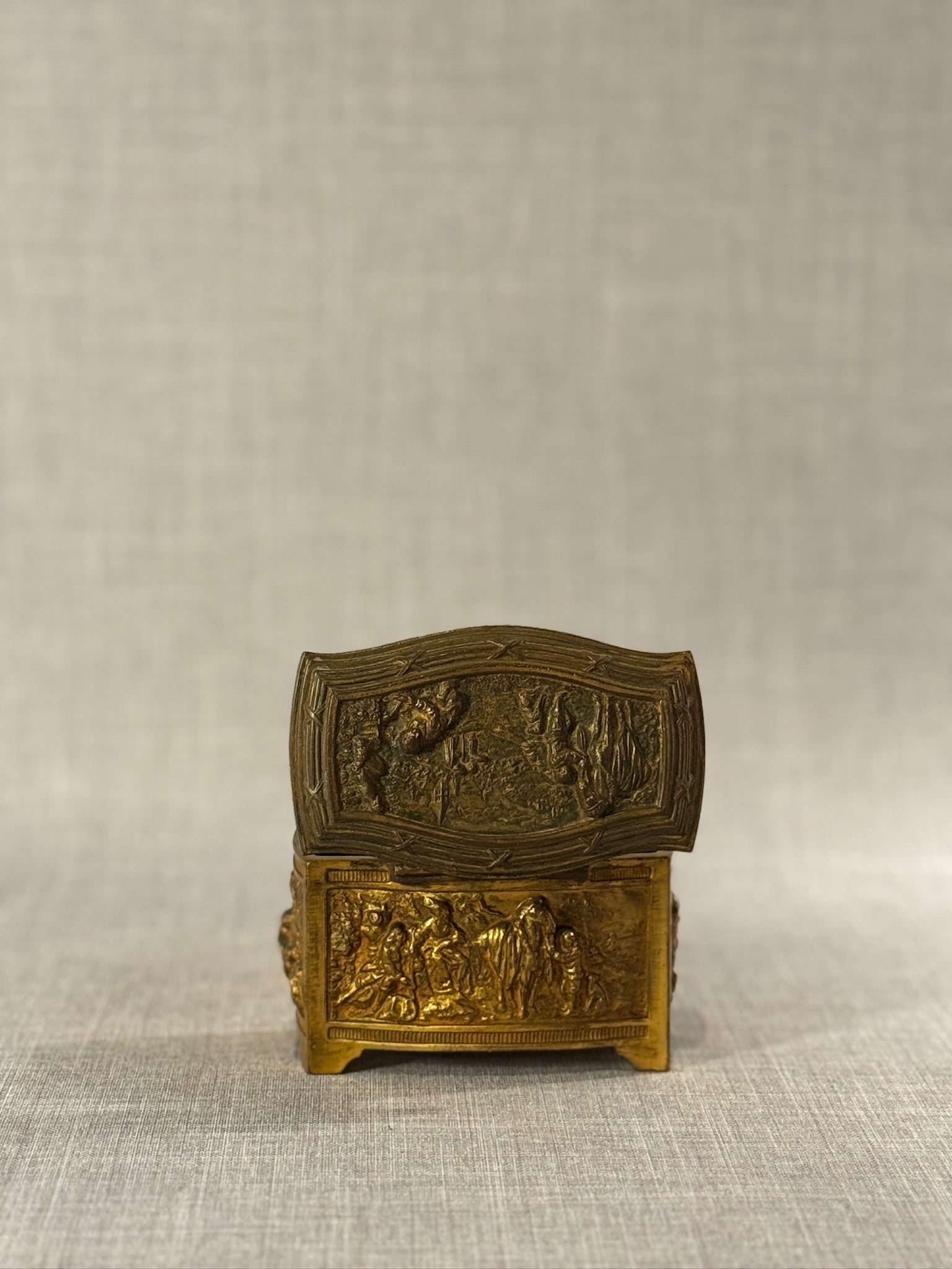 Antique-Style Gilt Metal Miniature Jewelry Casket with Figural Relief Panels & Velvet Interior