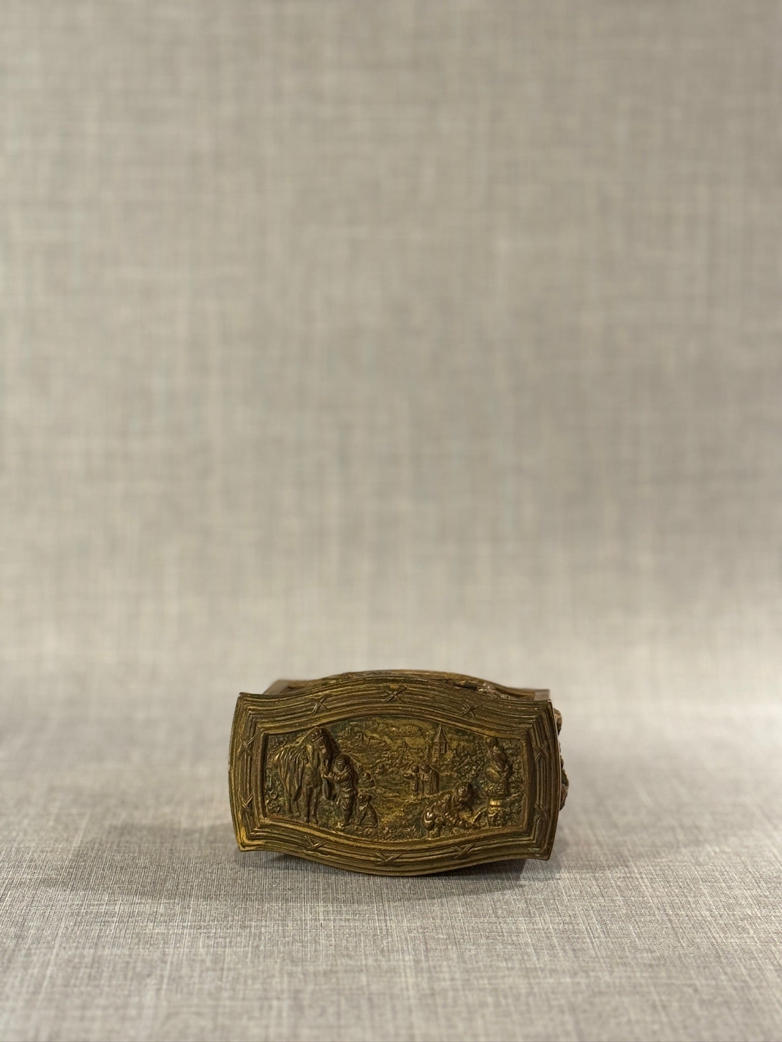 Antique-Style Gilt Metal Miniature Jewelry Casket with Figural Relief Panels & Velvet Interior