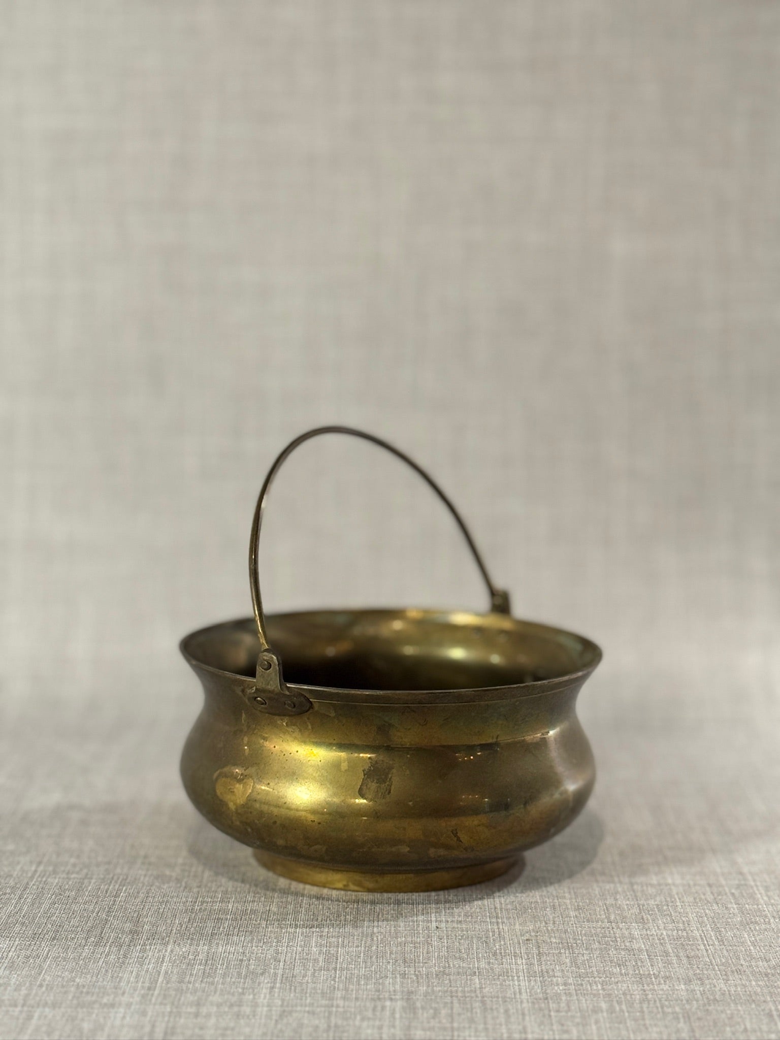 Vintage Handcrafted Brass Bowl with Swing Handle