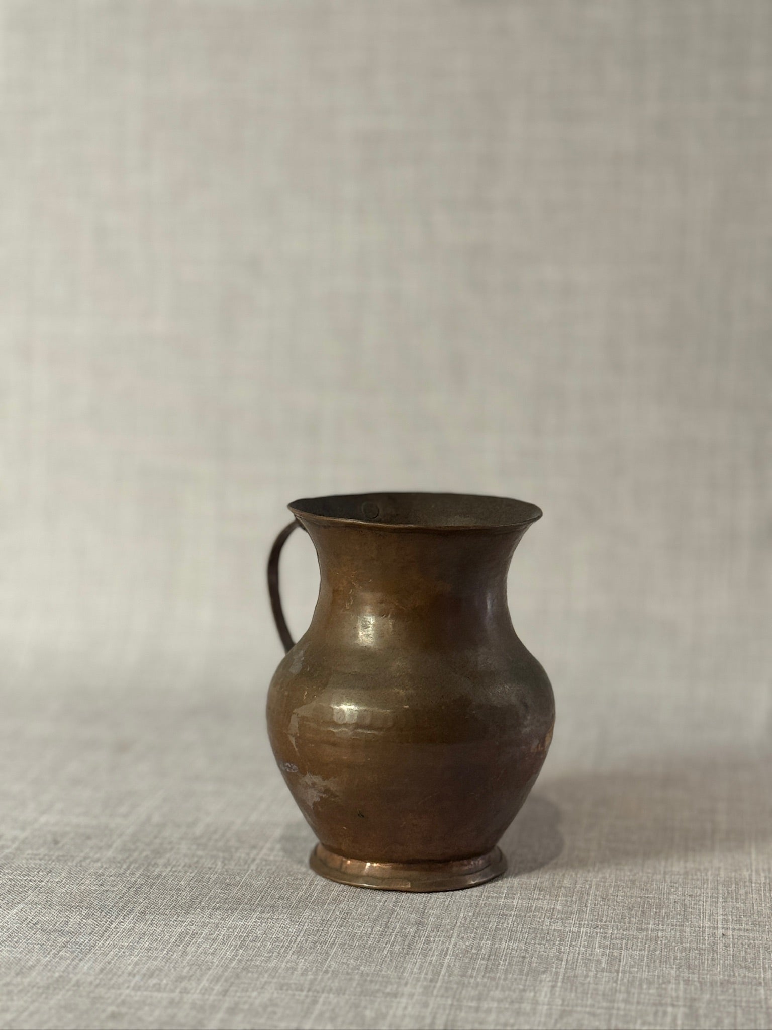 Antique Hand-Hammered Copper Vase with Riveted Handle and Warm Aged Patina
