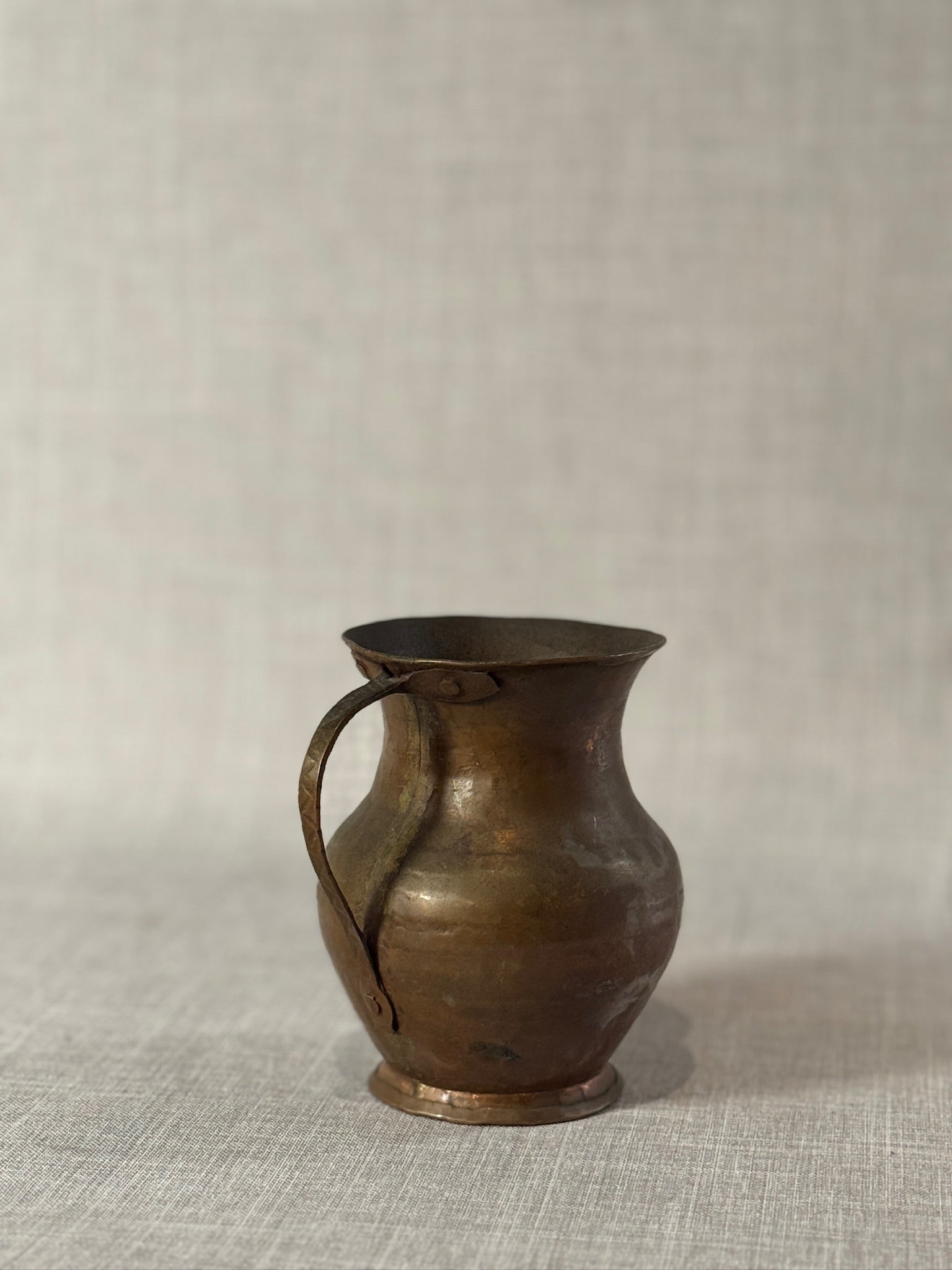 Antique Hand-Hammered Copper Vase with Riveted Handle and Warm Aged Patina