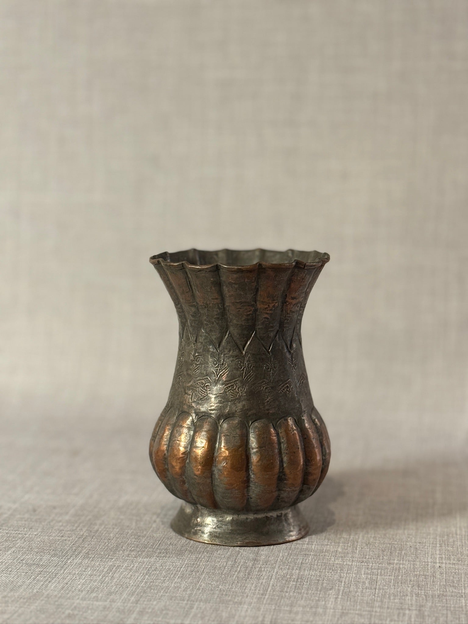 Antique Egyptian Hand-Hammered Tin-Washed Copper Vase with Scalloped Rim, Ribbed Base & Engraved Decorative Motifs