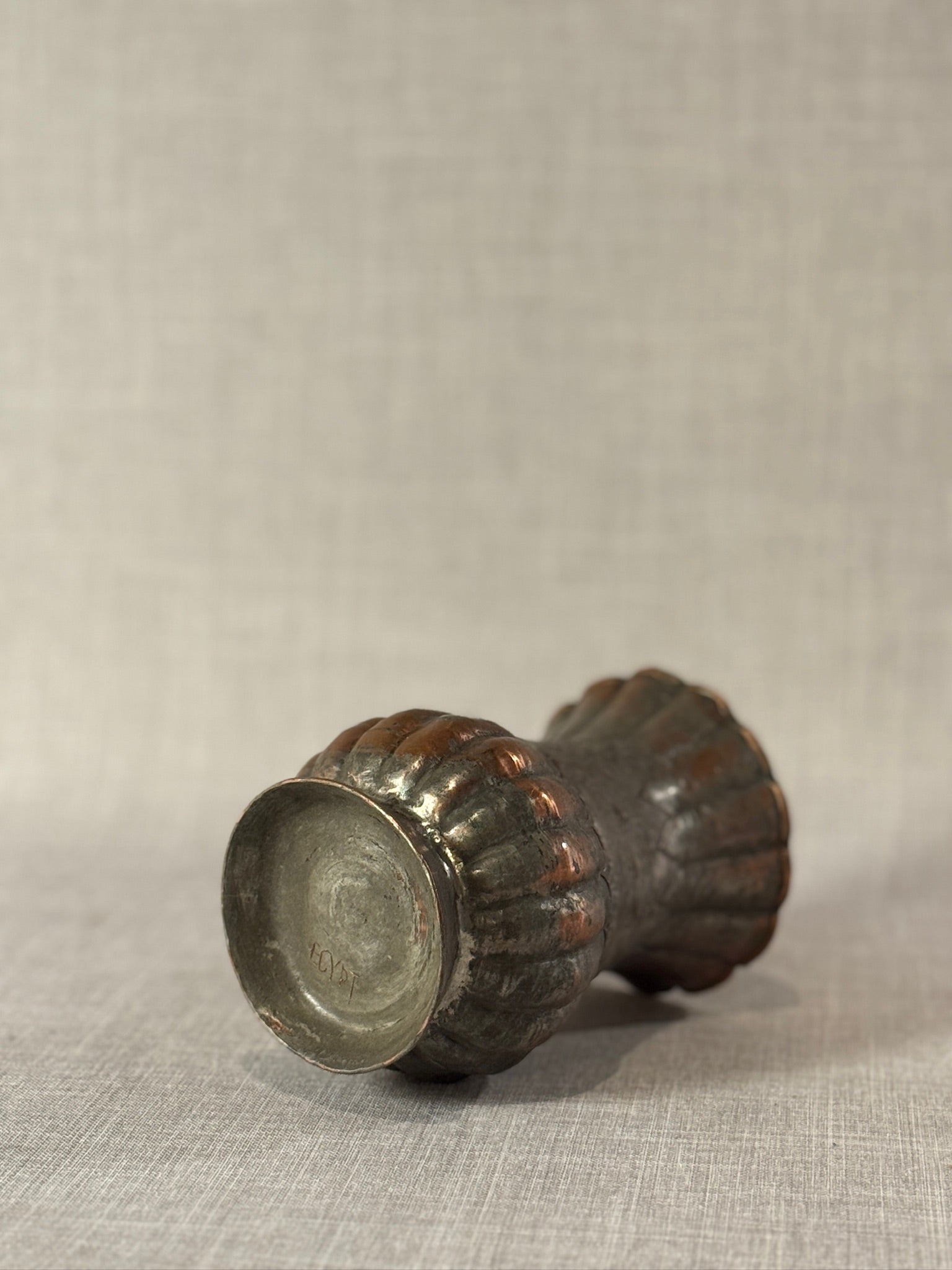 Antique Egyptian Hand-Hammered Tin-Washed Copper Vase with Scalloped Rim, Ribbed Base & Engraved Decorative Motifs