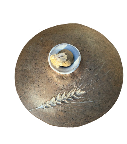 Vintage Hand Crafted Unglazed Flat Oil Lamp with Etched Wheat (Signed)