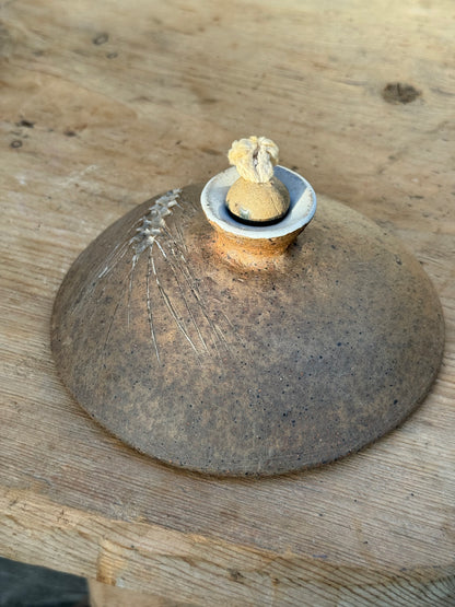 Vintage Hand Crafted Unglazed Flat Oil Lamp with Etched Wheat (Signed)