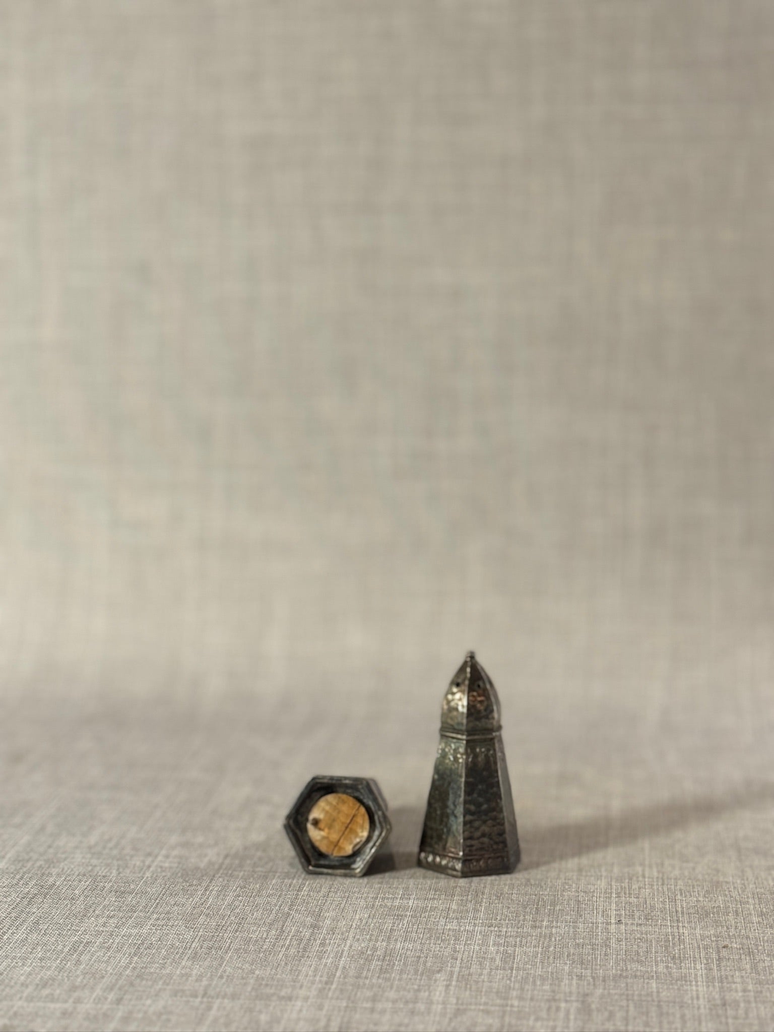 Vintage Hammered Metal Hexagonal Salt & Pepper Shaker Set with Dome Tops