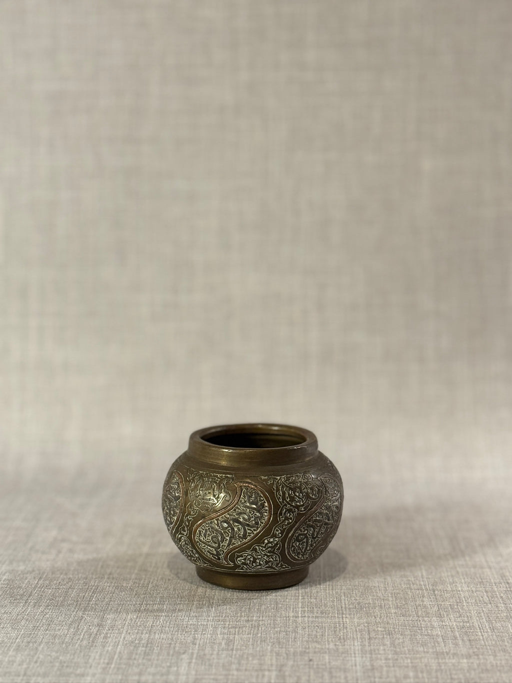 Vintage Middle Eastern Brass Vessel with Silver Inlay – Hand-Engraved Foliate & Scroll Motifs