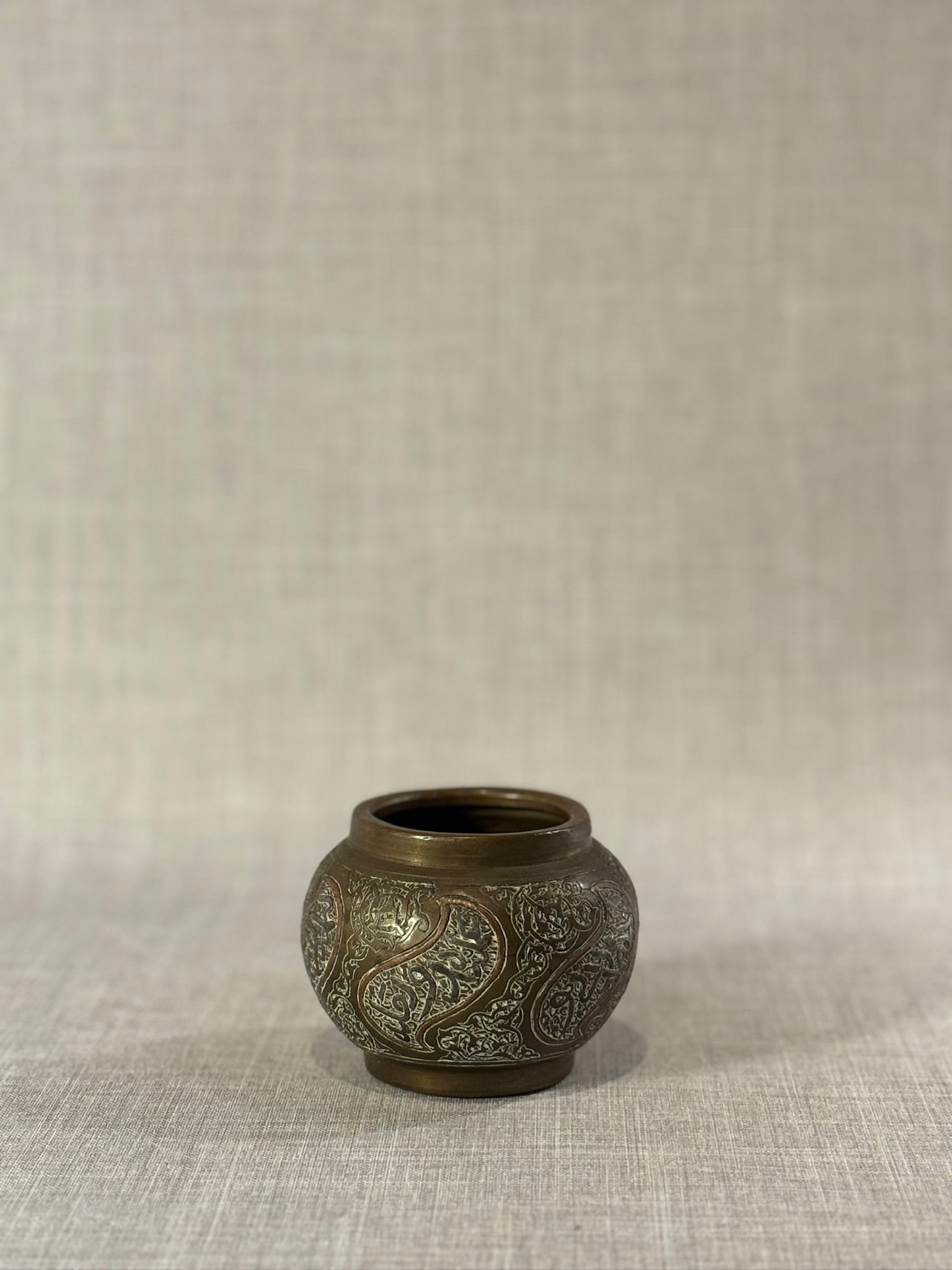 Vintage Middle Eastern Brass Vessel with Silver Inlay – Hand-Engraved Foliate & Scroll Motifs