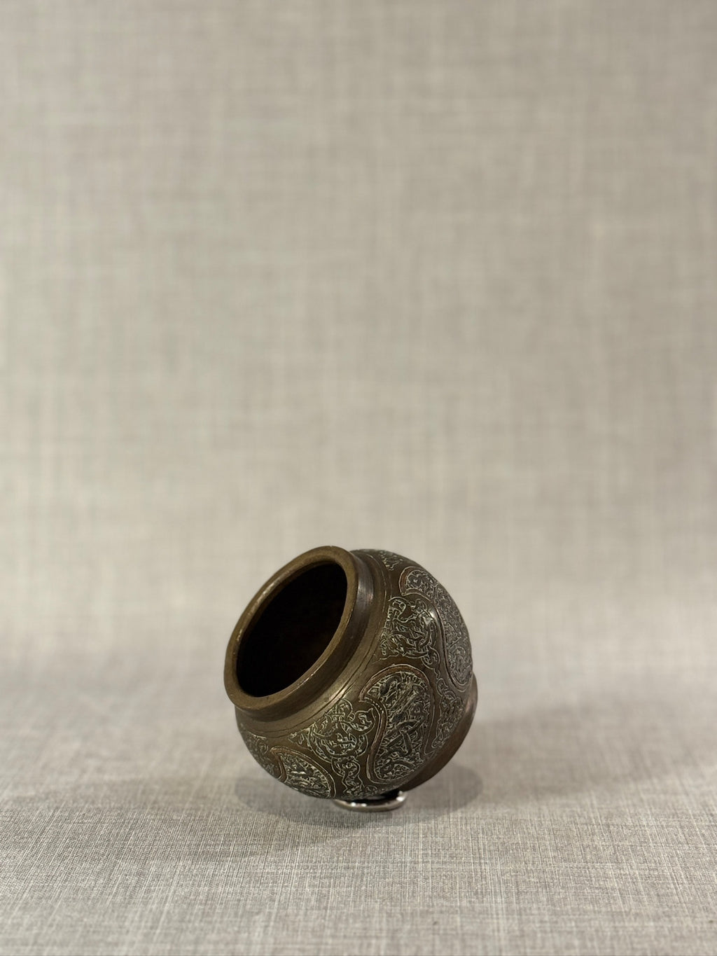 Vintage Middle Eastern Brass Vessel with Silver Inlay – Hand-Engraved Foliate & Scroll Motifs