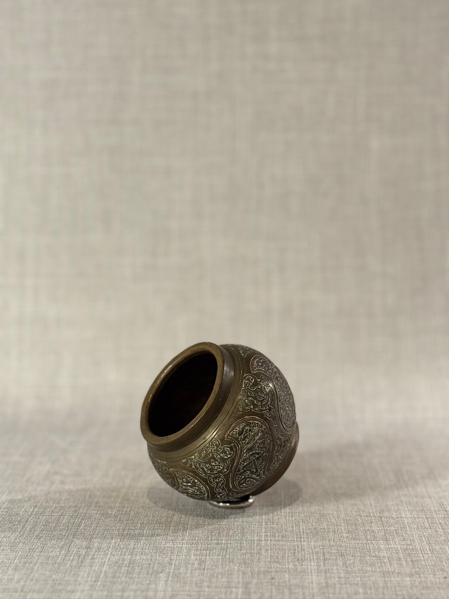 Vintage Middle Eastern Brass Vessel with Silver Inlay – Hand-Engraved Foliate & Scroll Motifs