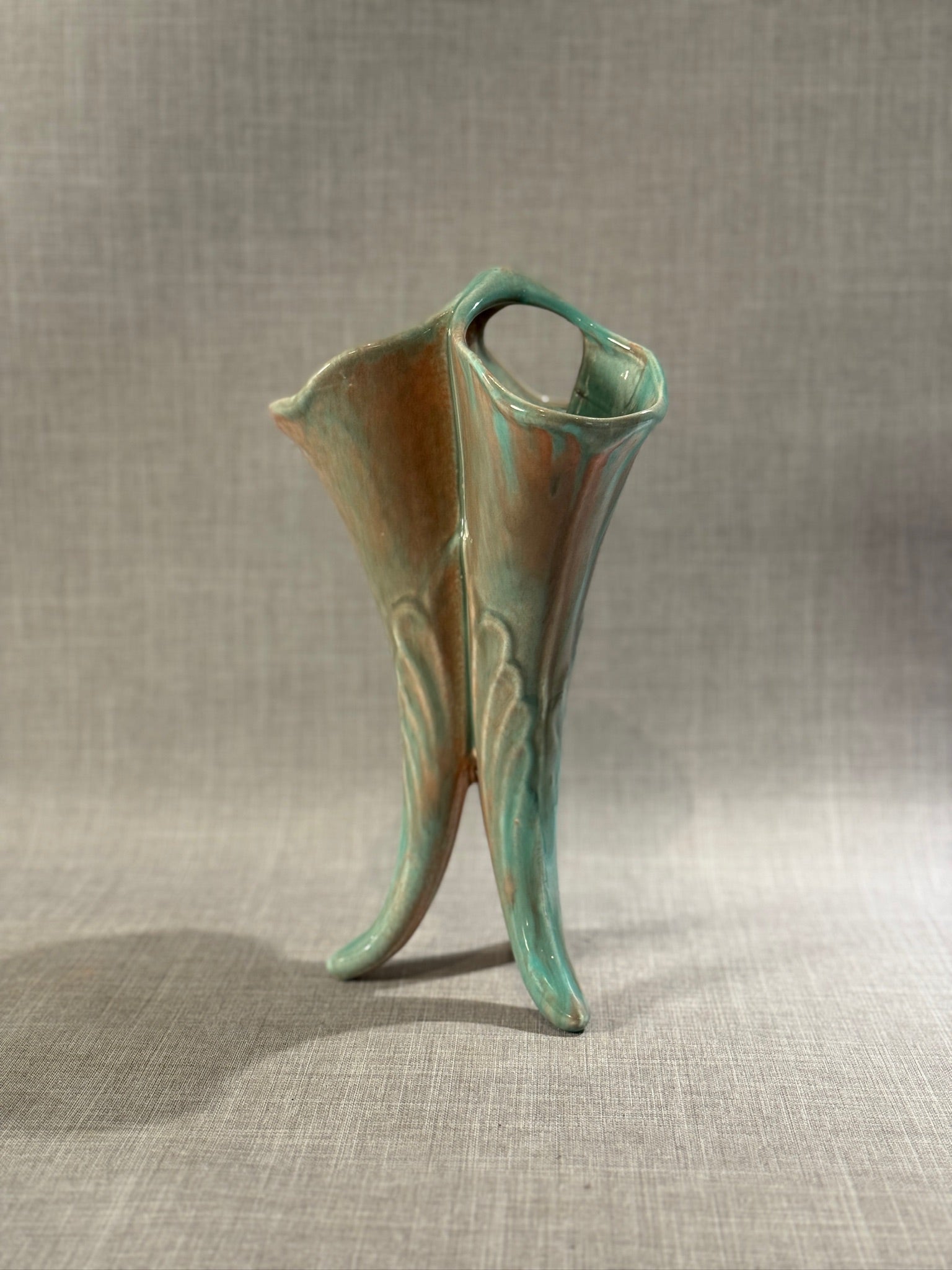 Large Mid-Century Modern Triple-Spout Ceramic Vase with Blue-Pink Drip Glaze