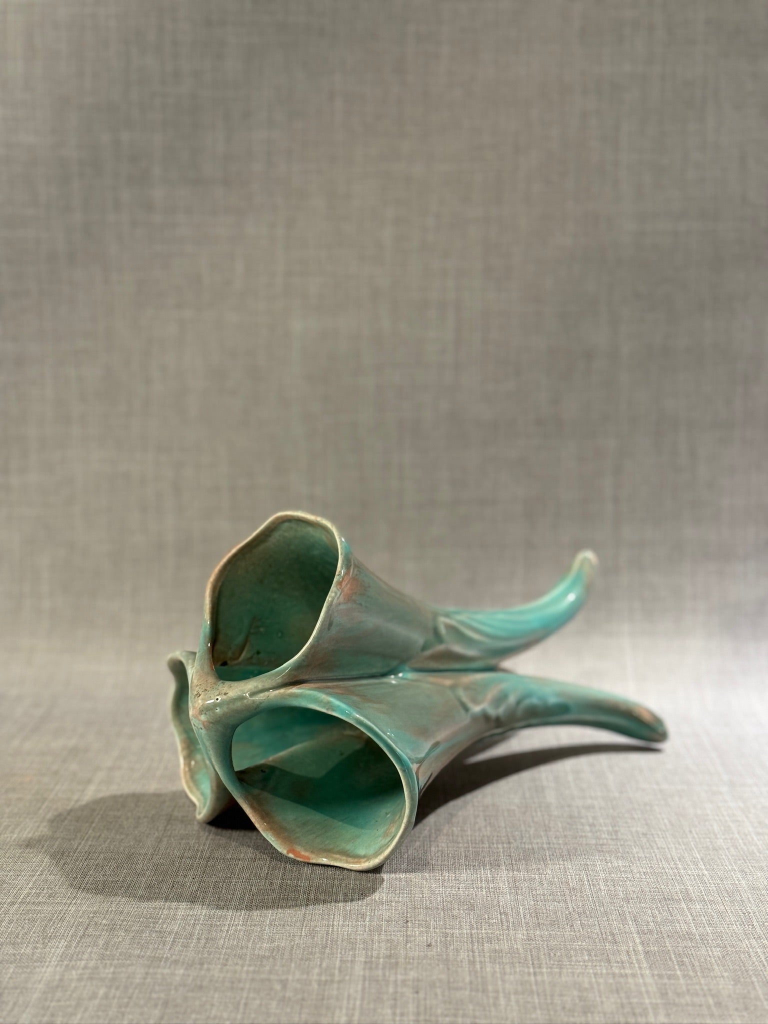 Large Mid-Century Modern Triple-Spout Ceramic Vase with Blue-Pink Drip Glaze