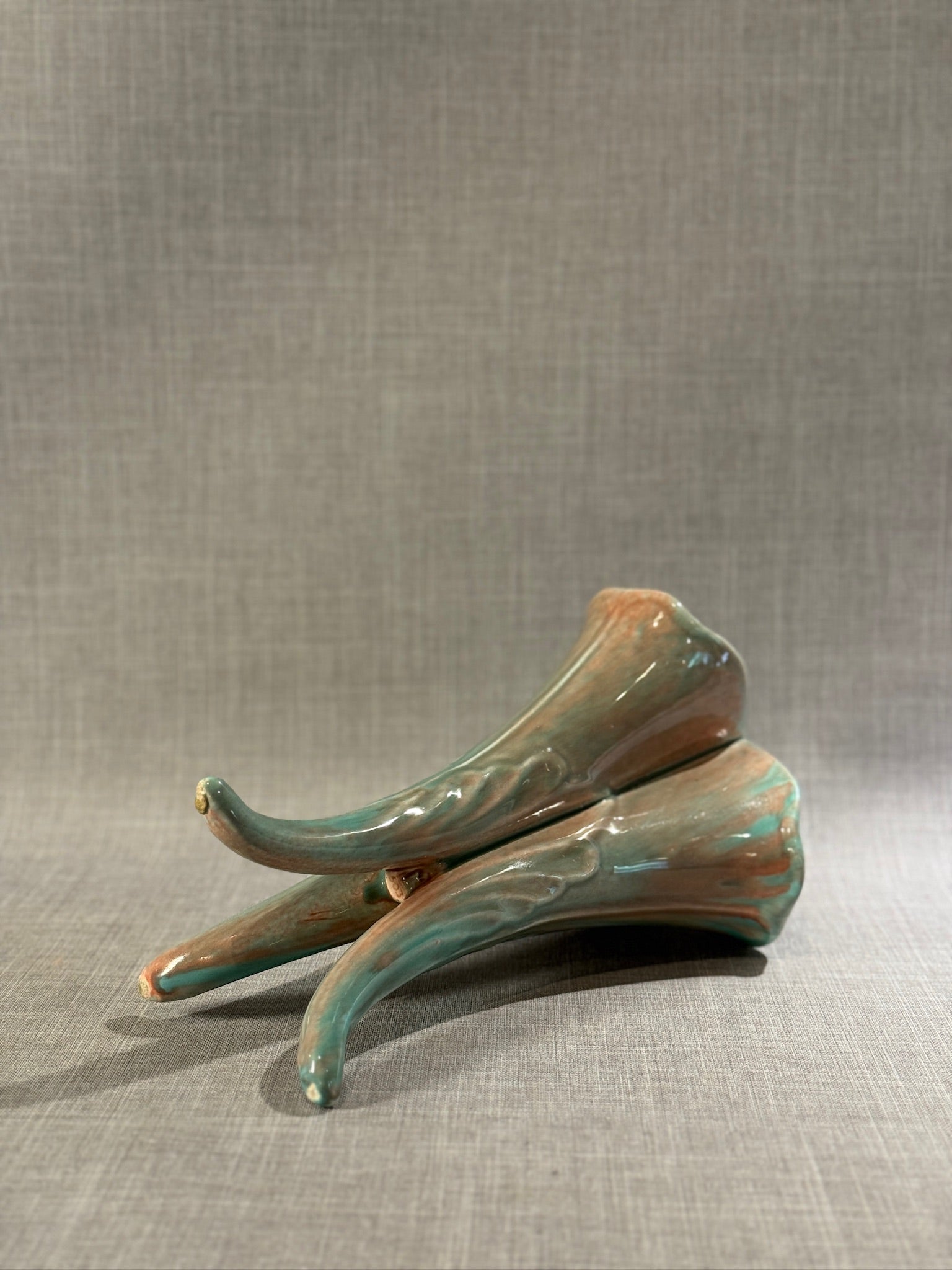Large Mid-Century Modern Triple-Spout Ceramic Vase with Blue-Pink Drip Glaze