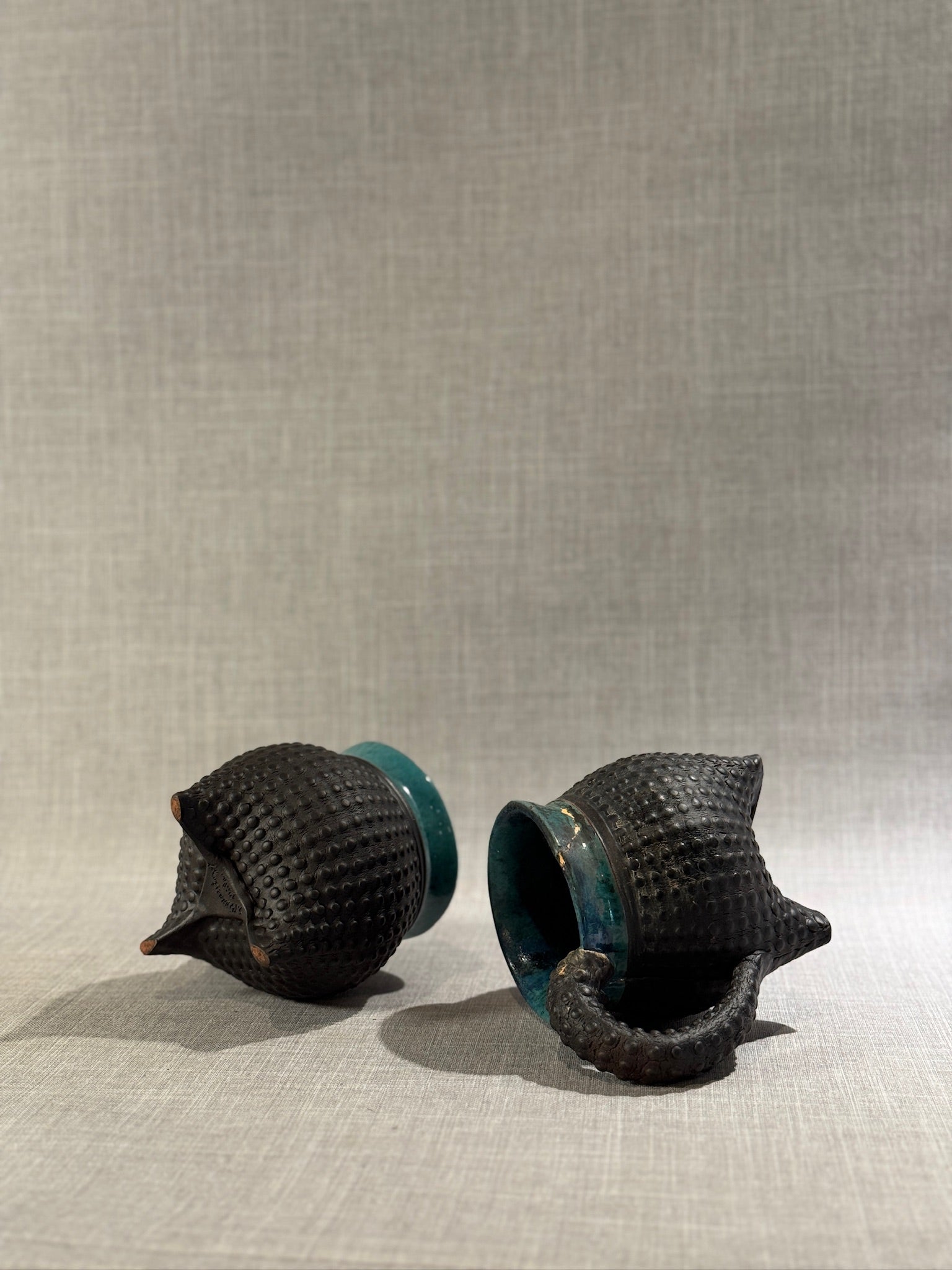 Artist-Signed Sandi Pierantozzi Ceramic Mugs – Textured Sea Urchin Design with Tentacle Handles (Set of 2)
