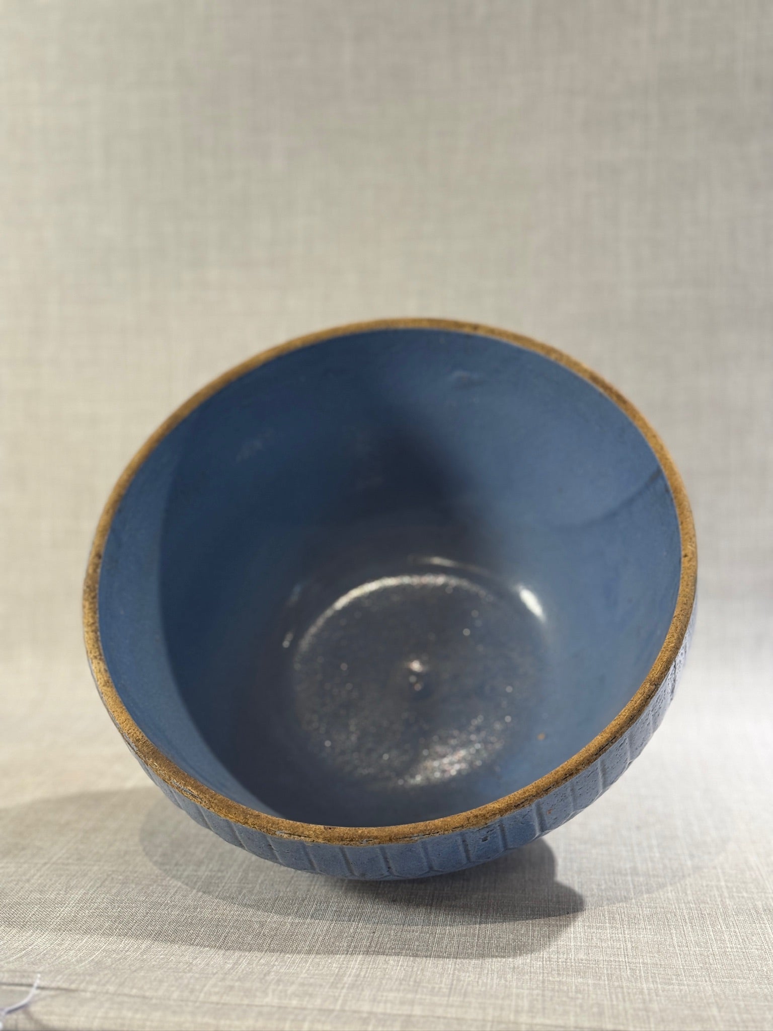 Mid-Century Style Blue Earthenware Mixing Bowl with Geometric Relief Pattern