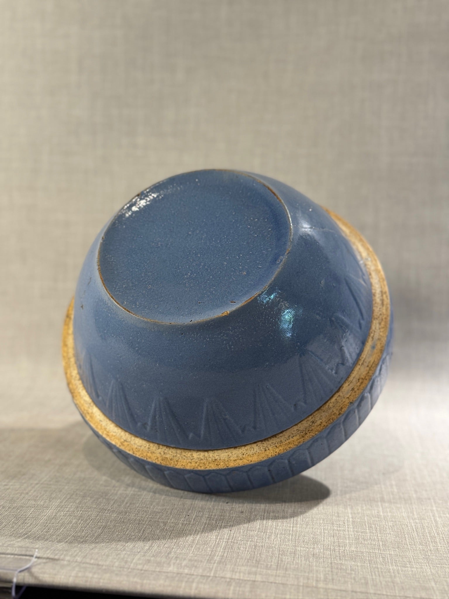 Mid-Century Style Blue Earthenware Mixing Bowl with Geometric Relief Pattern