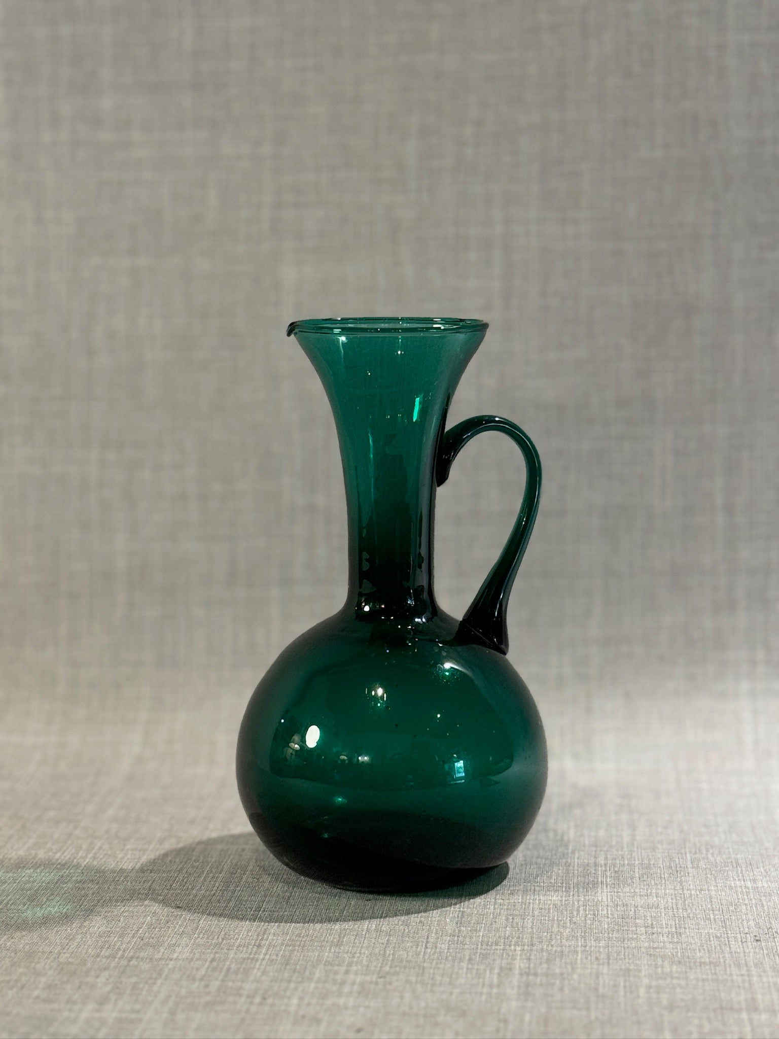 Vintage Emerald Green Hand-Blown Glass Vase with Applied Handle