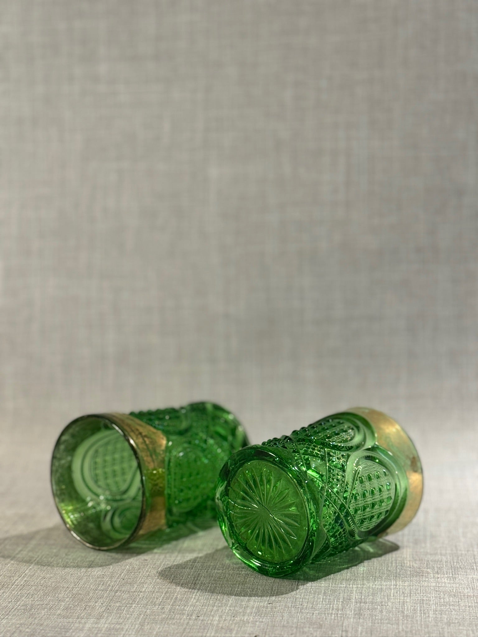 Vintage Green Pressed Glass Tumblers with Gold Rim – Set of 2