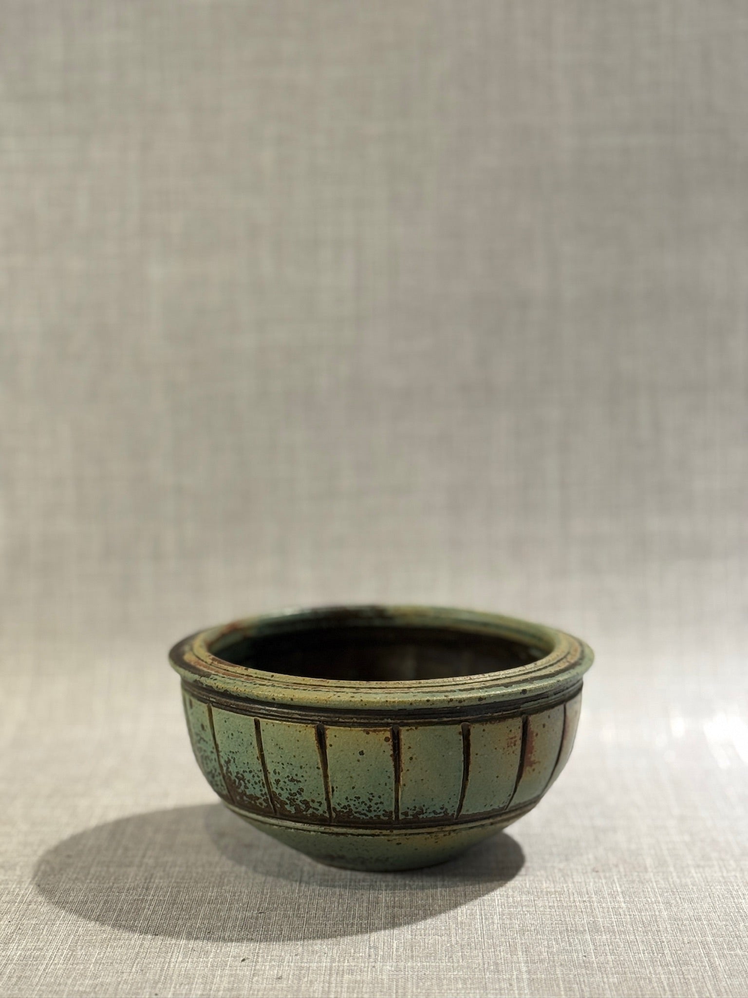 Vintage Green Glazed Terracotta Bowl with Incised Vertical Panel Design