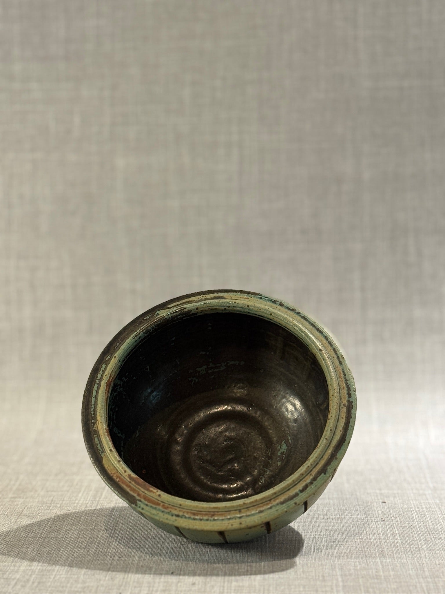 Vintage Green Glazed Terracotta Bowl with Incised Vertical Panel Design