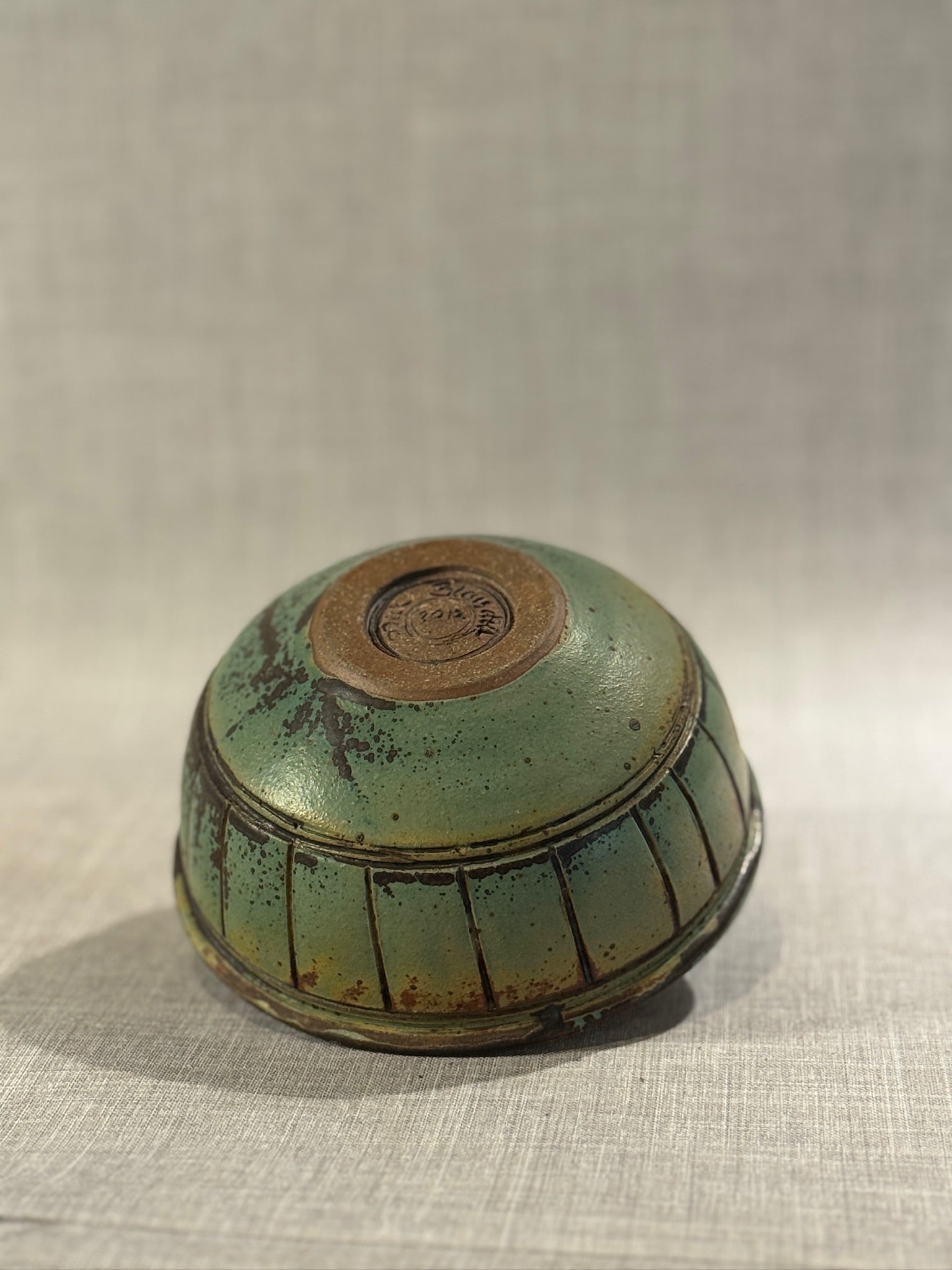 Vintage Green Glazed Terracotta Bowl with Incised Vertical Panel Design