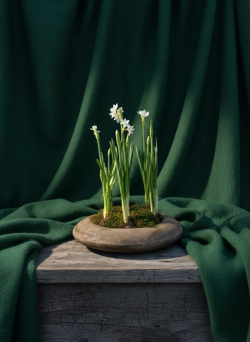 Low Paperwhite Arrangement in Shallow Stone Vessel
