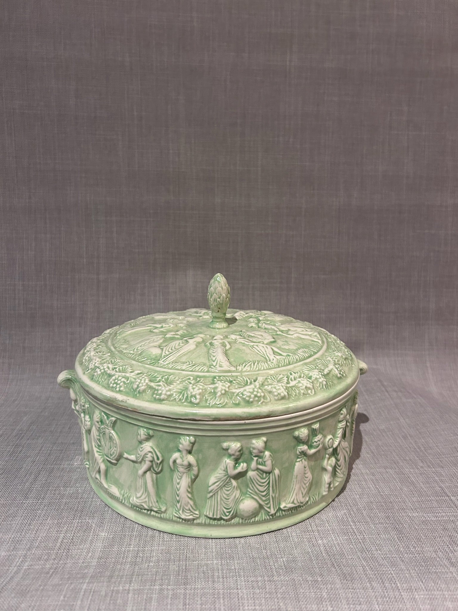 Monumental Green Glazed Neoclassical Figural Lidded Ceramic Box with Classical Relief Frieze