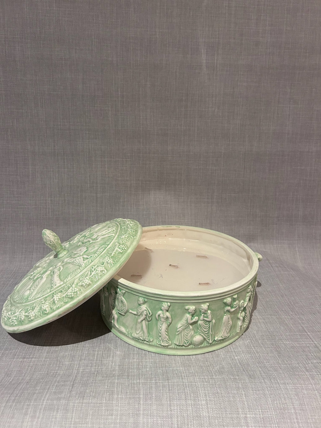 Monumental Green Glazed Neoclassical Figural Lidded Ceramic Box with Classical Relief Frieze