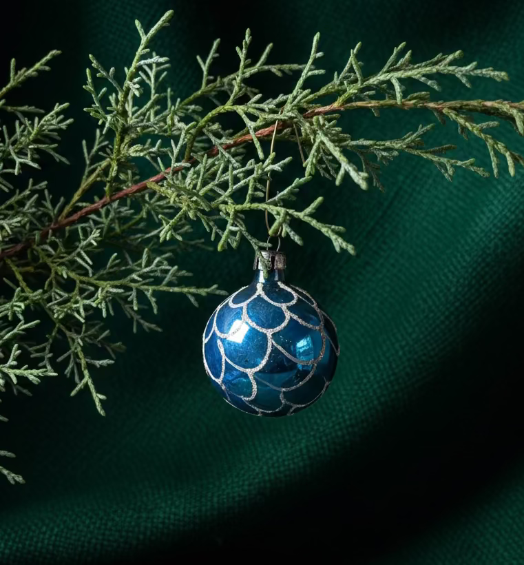 Mid-Century Hand-Blown Blue Glass Ornament with Applied Silver Scallop Motif, c. 1945–1960